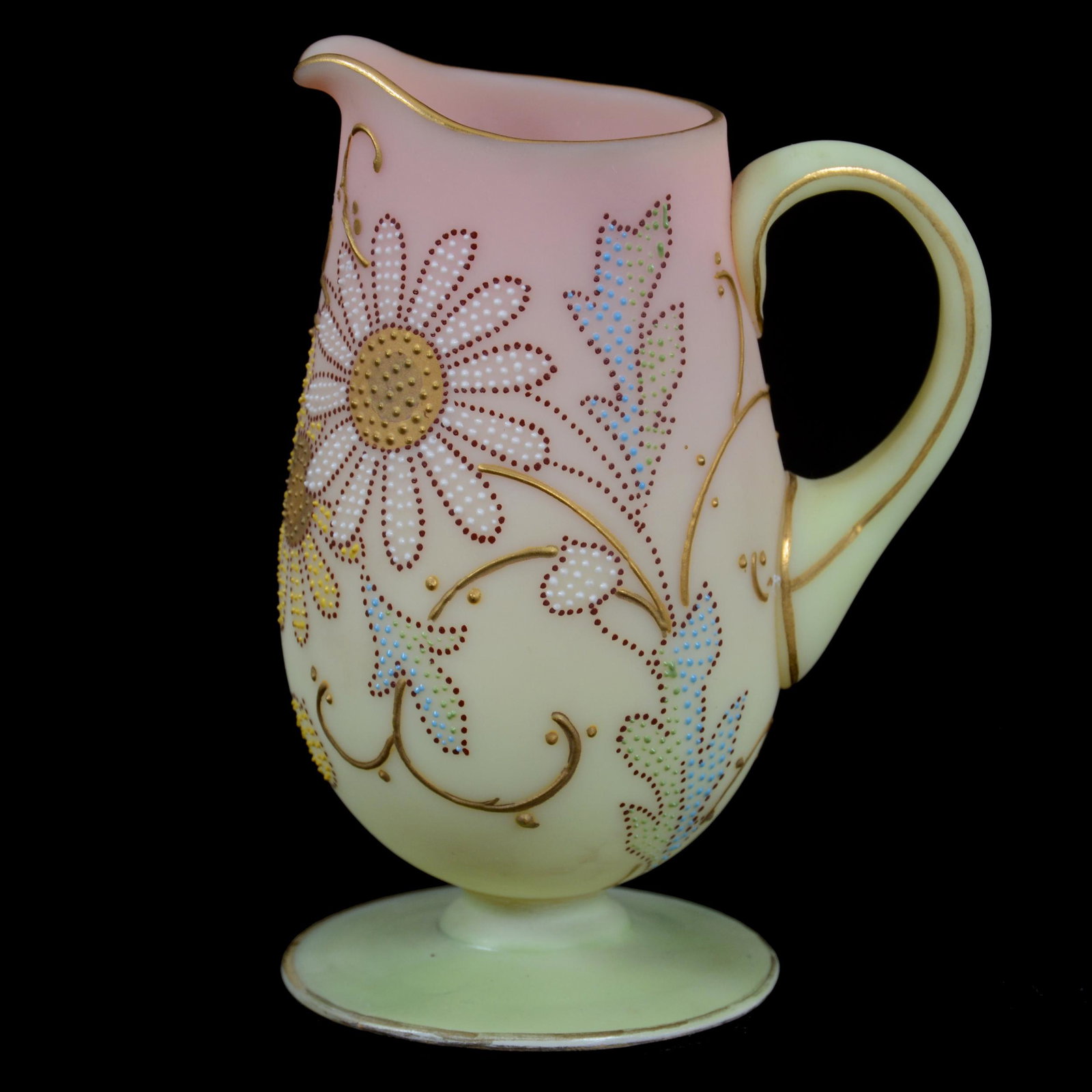 Pedestal Creamer, Decorated Burmese Art Glass: Pedestal Creamer, Decorated Burmese Art Glass, 4", Elaborate And Colorful Beaded Tapestry Floral Decor, Foot Has Been Professionally Restored, Unmarked, John Lolley Estate. Mr. Lolley Regularly Marked