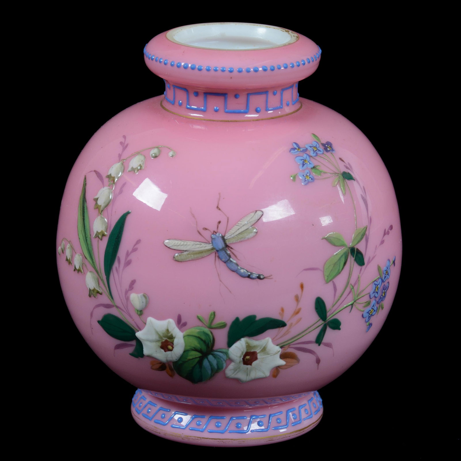 Vase, Pink And White Cased Art Glass: Vase, Pink And White Cased Art Glass, 4.75” x 4", Heavy Enamel Floral And Dragonfly Decor, Attributed To Webb, John Lolley Estate. Mr. Lolley Regularly Marked Items In His Collection With A Museum Q