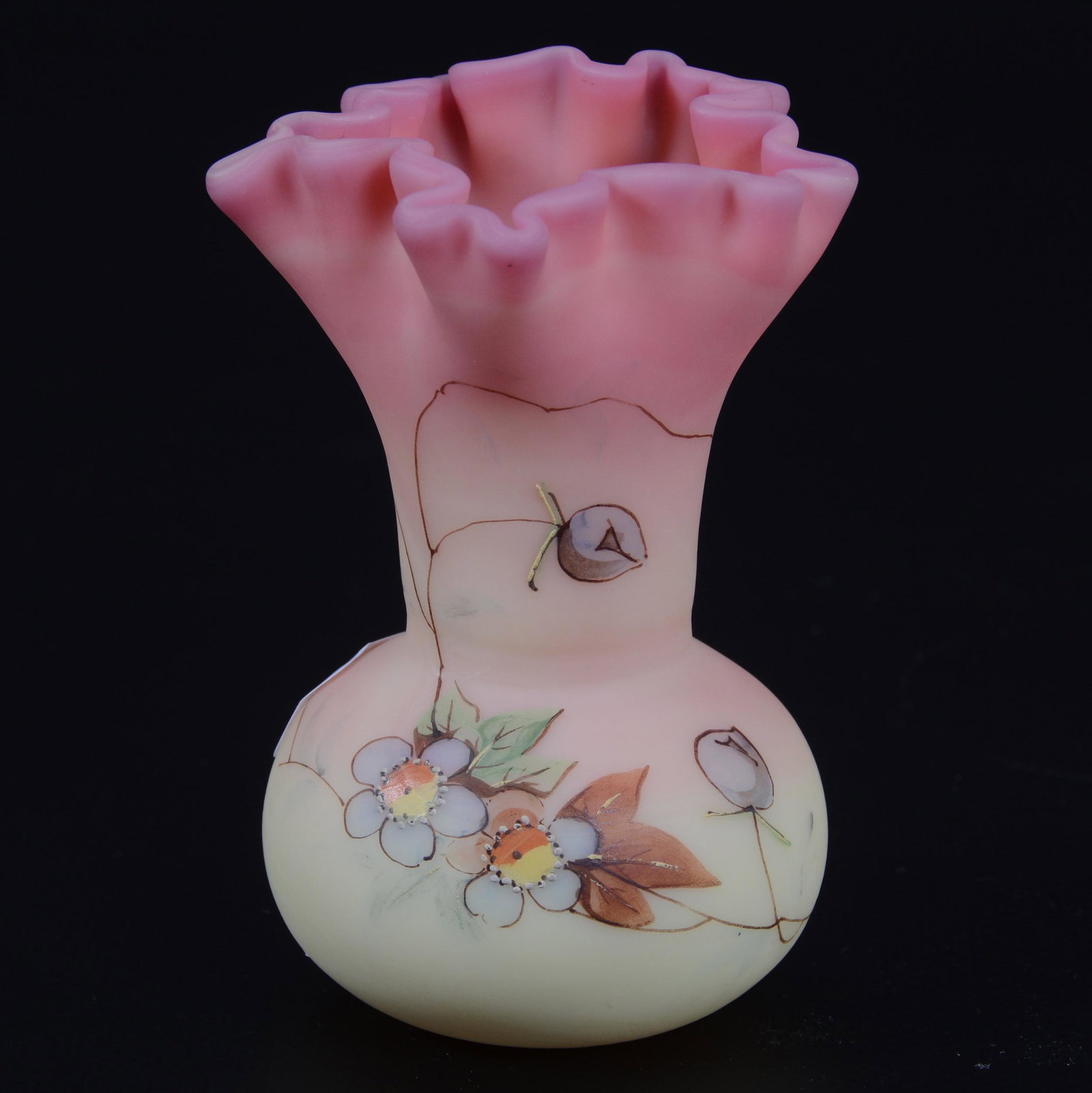 Vase, Unmarked Decorate Burmese Art Glass: Vase, Unmarked Decorate Burmese Art Glass, 4.25” x 2.75", Floral Hawthorn Decor, Star Crimped Top, John Lolley Estate. Mr. Lolley Regularly Marked Items In His Collection With A Museum Quality Pen -