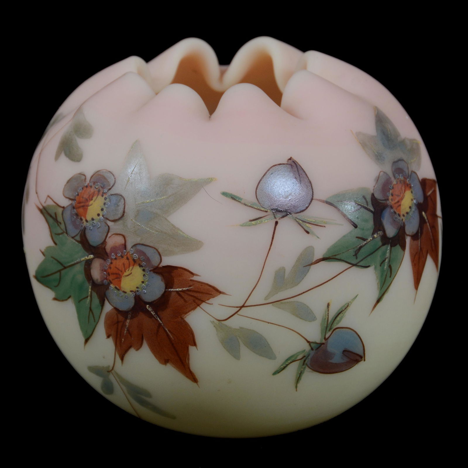 Rose Bowl, Unmarked Decorated Burmese Art Glass (1 of 3)