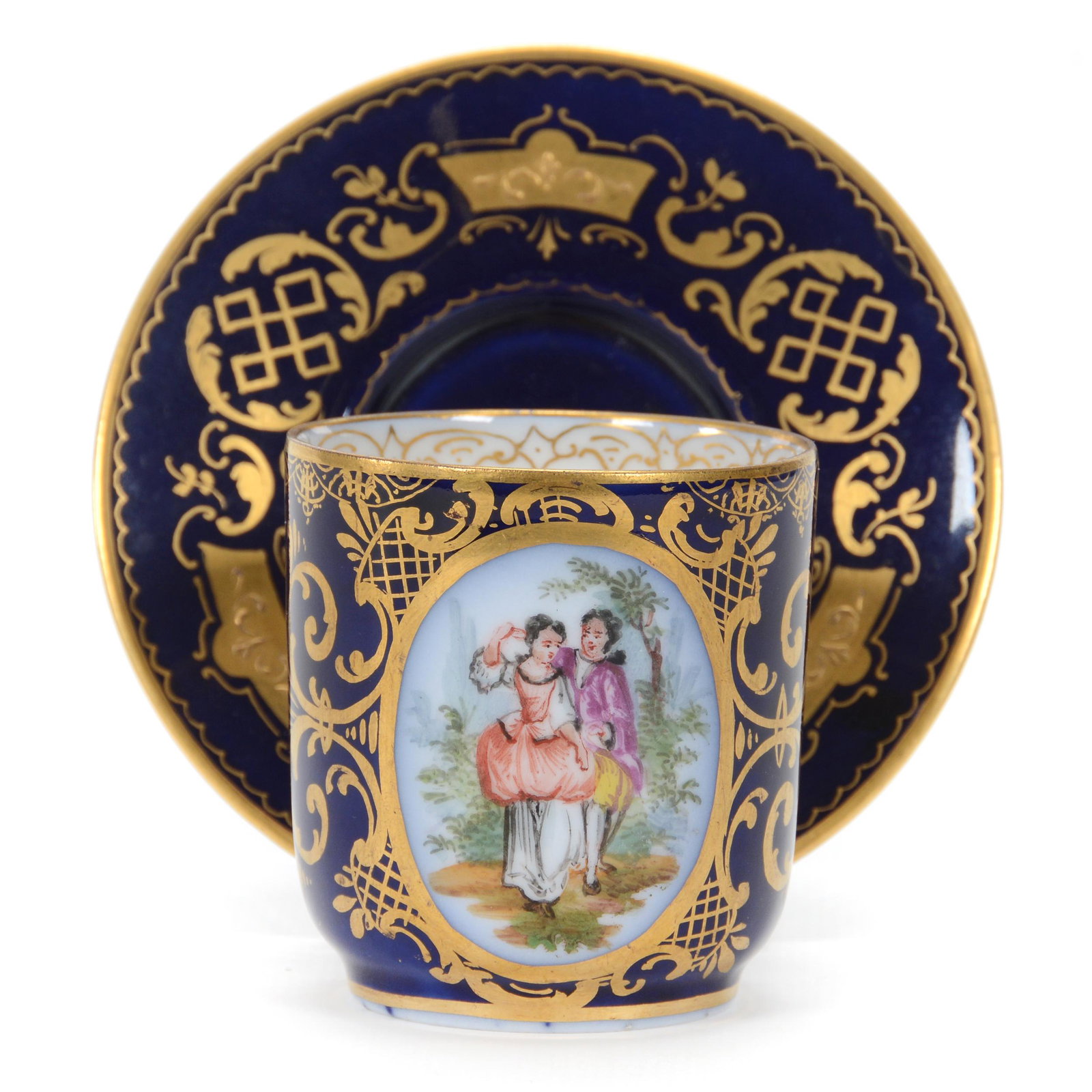 Cup & Saucer Marked Beehive Porcelain: Cup & Saucer Marked Beehive Porcelain, 2.75” x 3.75", Cobalt Blue Background With Courting Scene Decor, Extensive Gold Stencil Highlights, John Lolley Estate. Mr. Lolley Regularly Marked Items In Hi