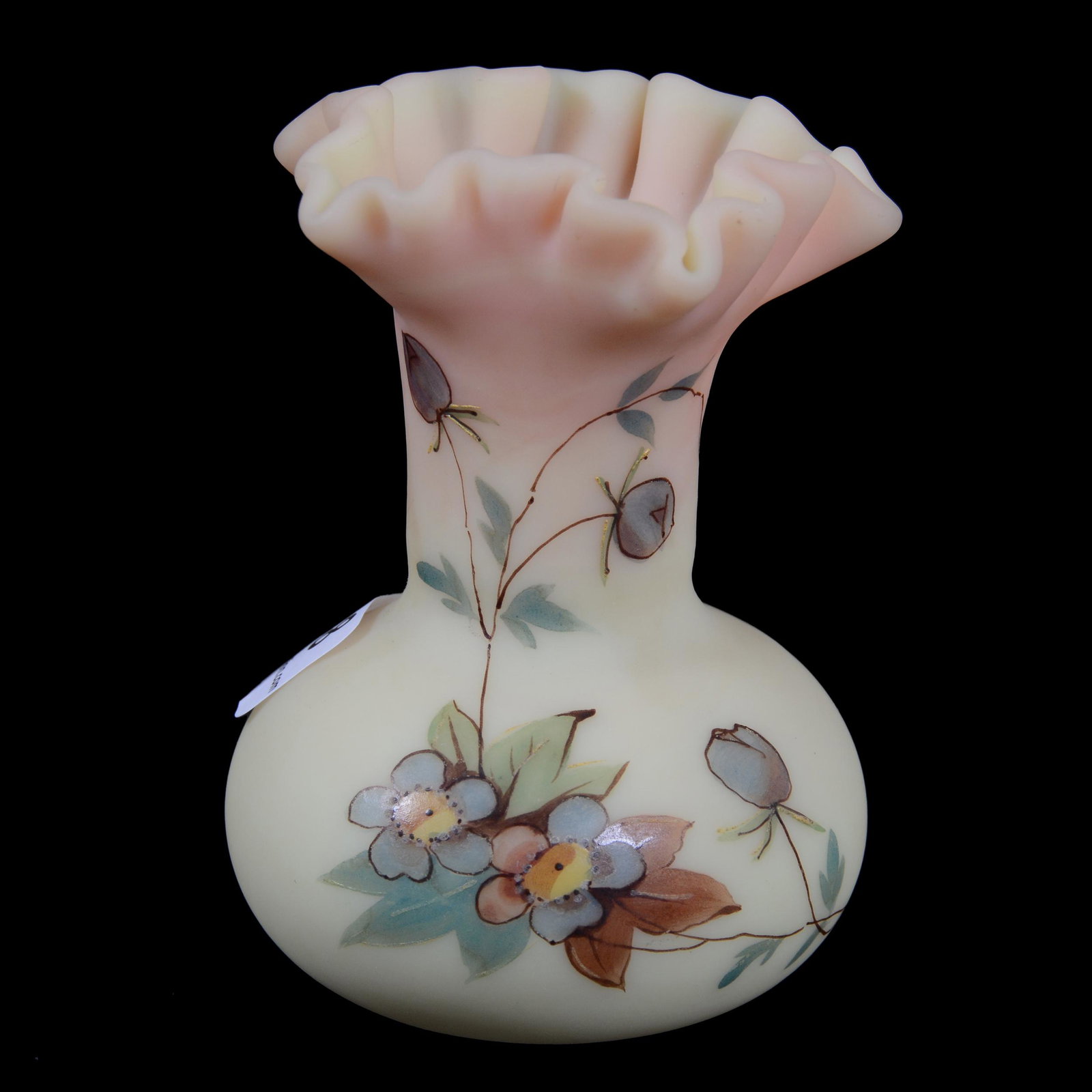 Vase, Unmarked Decorated Burmese Art Glass: Vase, Unmarked Decorated Burmese Art Glass, 4” x 2.75", Hawthorn Decor, Star Crimped Top, John Lolley Estate. Mr. Lolley Regularly Marked Items In His Collection With A Museum Quality Pen - These Ma