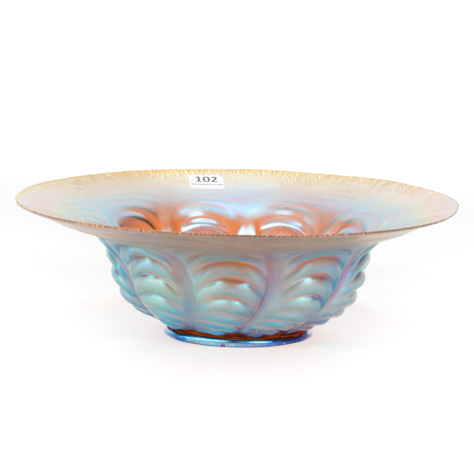 Bowl, Unmarked WMF Myra Art Glass: Bowl, Unmarked WMF Myra Art Glass, 3.25” x 10.25", Blue/Gold Iridescent, Pulled Drape Design, Polished Pontil Base, John Lolley Estate. Mr. Lolley Regularly Marked Items In His Collection With A Mus