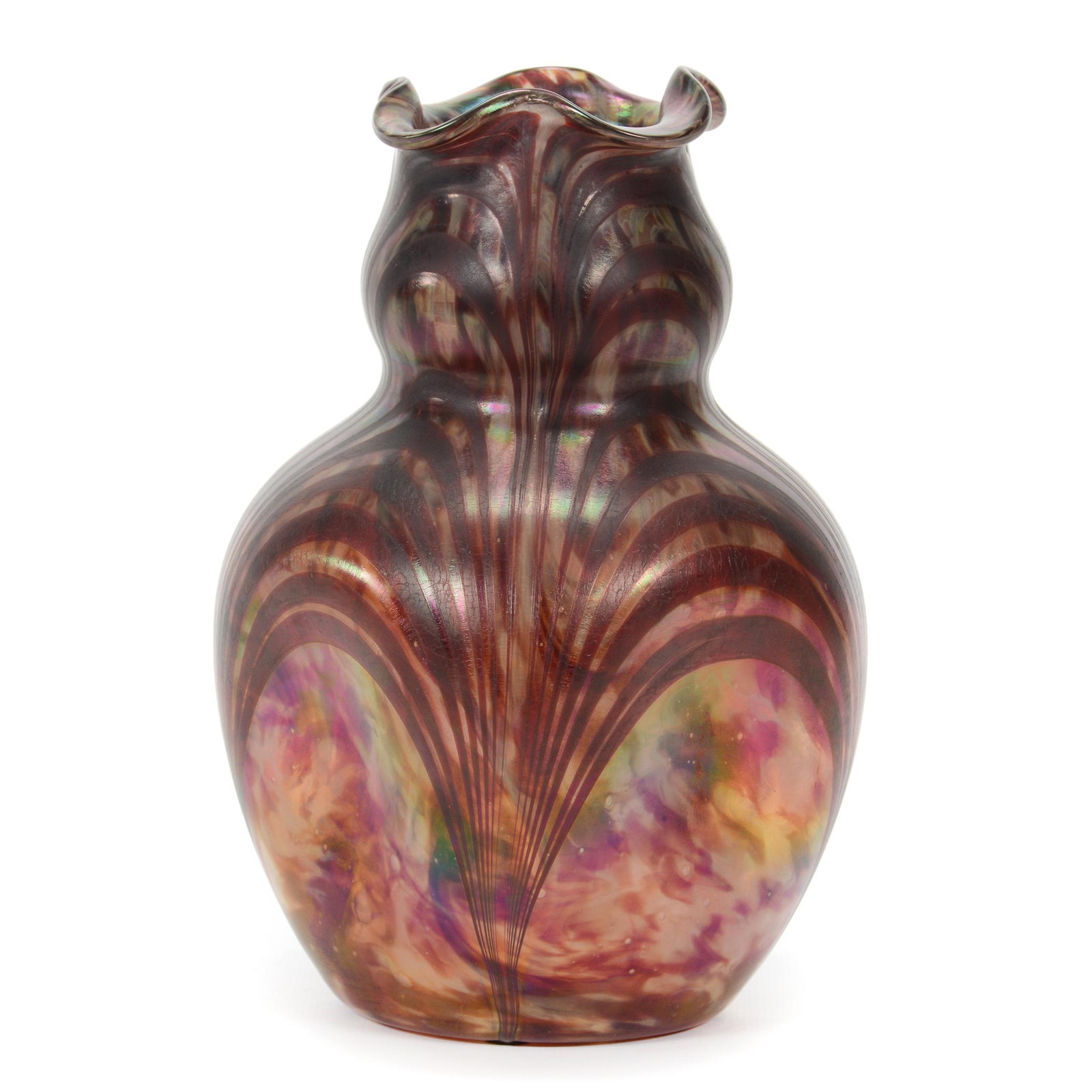 Vase, Loetz Style Art Glass: Vase, Loetz Style Art Glass, 8.25” x 5.5", Maroon And White Mottled Background With Nailsea Exterior Design, Polished Pontil Base, Nice Quality, John Lolley Estate. Mr. Lolley Regularly Marked Items