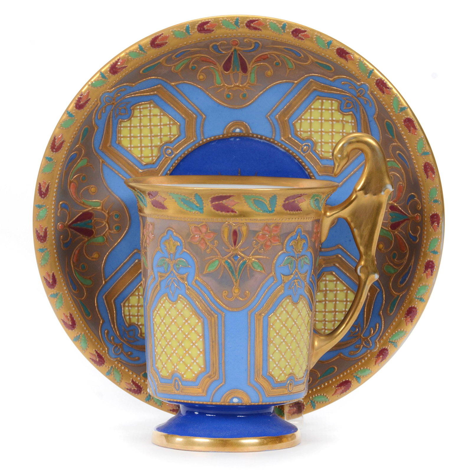 Cup & Saucer, Marked, Unidentified Porcelain: Cup & Saucer, Marked, Unidentified Porcelain, 5” x 6", Blue Background With Extensive Colorful Enamel Decor And Yellow Highlights, Strong Gold, John Lolley Estate. Mr. Lolley Regularly Marked Items