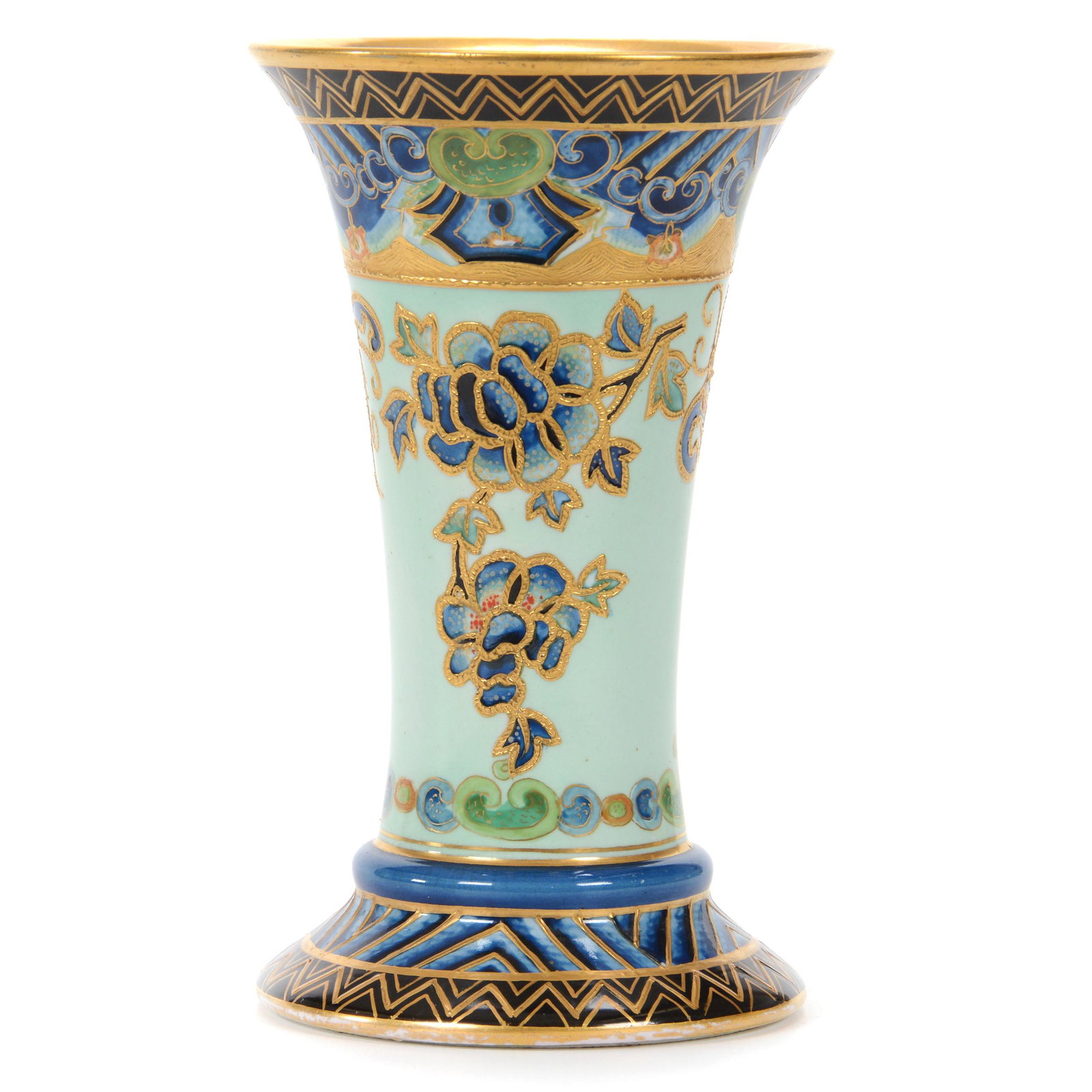 Vase Marked Royal Bonn: Vase Marked Royal Bonn, 6.25” x 3.75", Green Background With Blue And Black Border With Strong Gold Highlights, Old Internal Hairline Which Does Not Come Through, John Lolley Estate. Mr. Lolley Regu