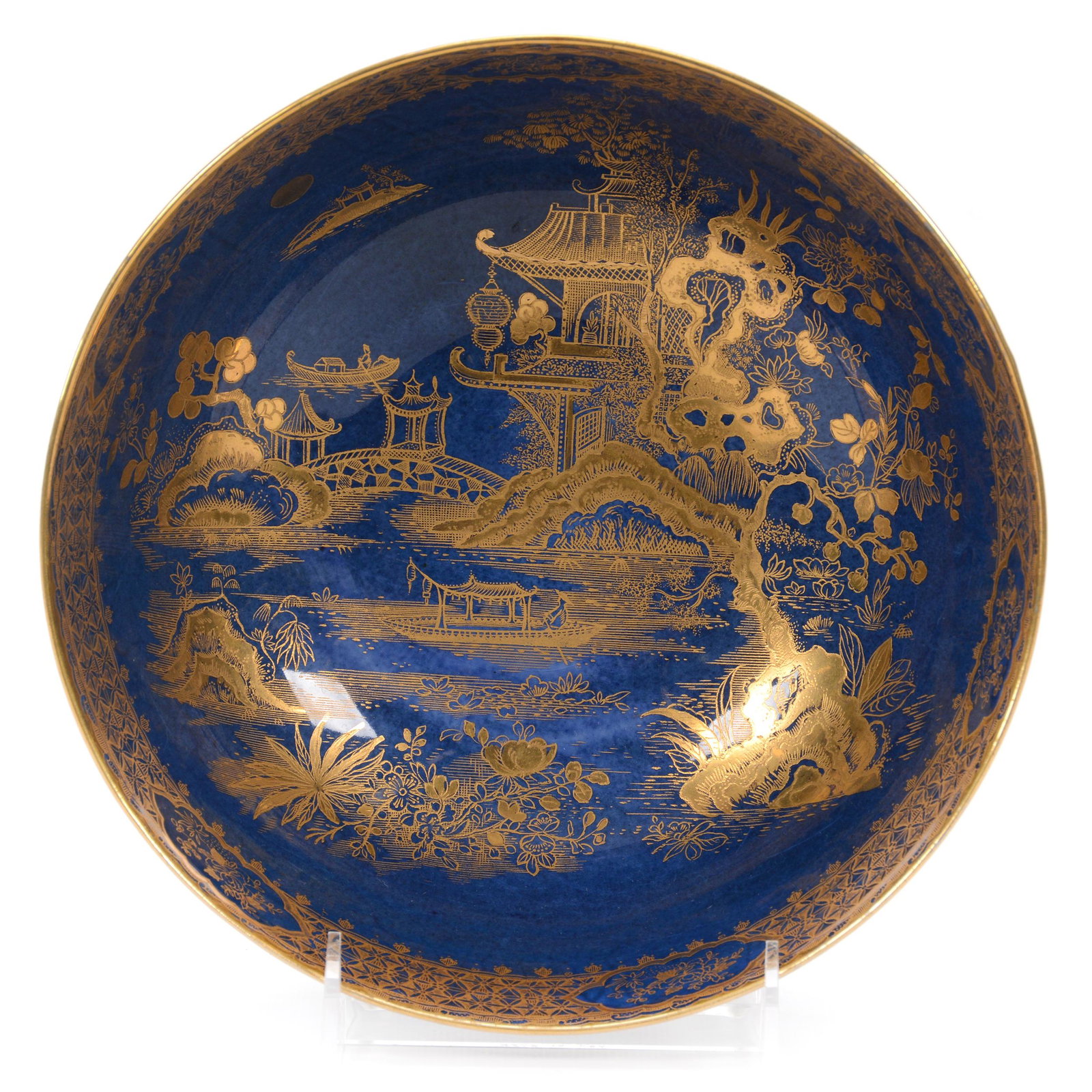 Bowl Marked Stoke On Trent Wilton Ware: Bowl Marked Stoke On Trent Wilton Ware, 3.5” x 8.25", Blue Background With Extensive Gold Stencil Oriental Design, John Lolley Estate. Mr. Lolley Regularly Marked Items In His Collection With A Muse