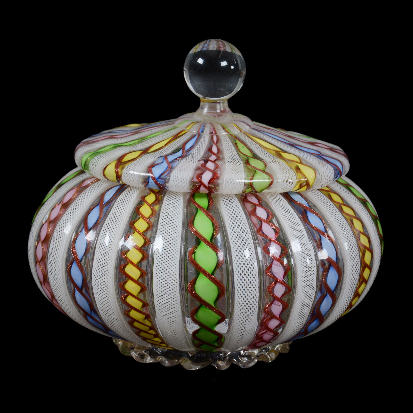 Covered Jar, Italian Latticino & Ribbon Art Glass: Covered Jar, Italian Latticino & Ribbon Art Glass, 5” x 5.5", Finial Has Been Re-Attached, John Lolley Estate. Mr. Lolley Regularly Marked Items In His Collection With A Museum Quality Pen - These M