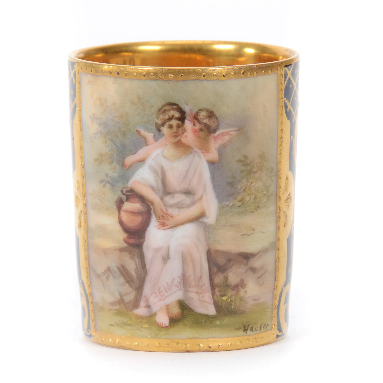 Cup Marked Beehive: Cup Marked Beehive, 2” x 2.25", Cobalt Blue Background With Finely Detailed Hand Painted Scene Titled "Liebesstimme", Artist Signed Hauser, Excellent Gold Trim Highlights, John Lolley Estate. Mr. Lo