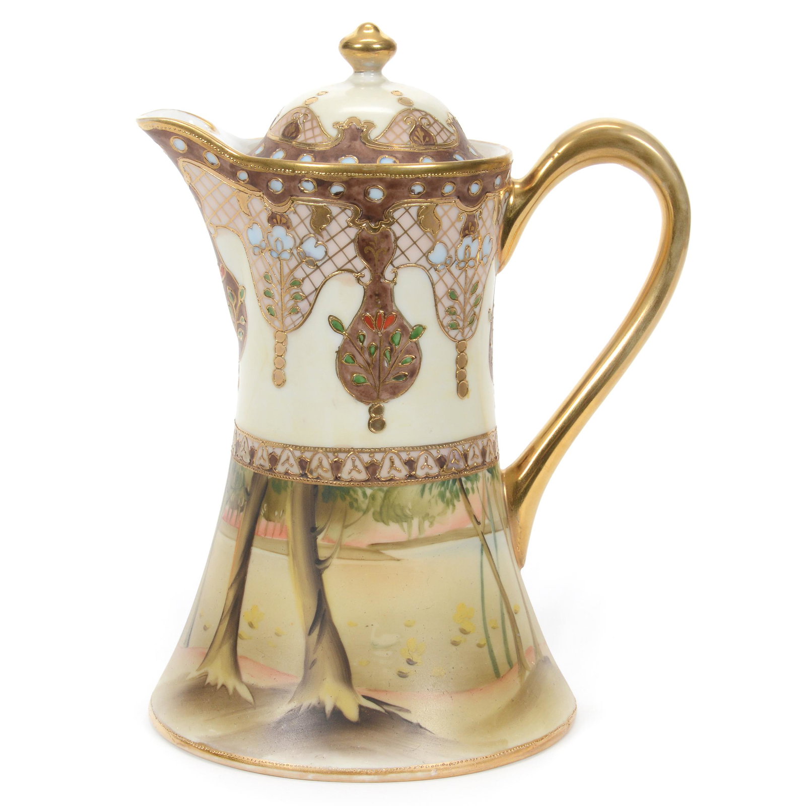 Chocolate Pot Marked Nippon: Chocolate Pot Marked Nippon, 9” x 7", Cream Background With Medallion And Jewel Design, Lower Panel With Scenic Design Of Trees, Nice Gold, John Lolley Estate. Mr. Lolley Regularly Marked Items In H