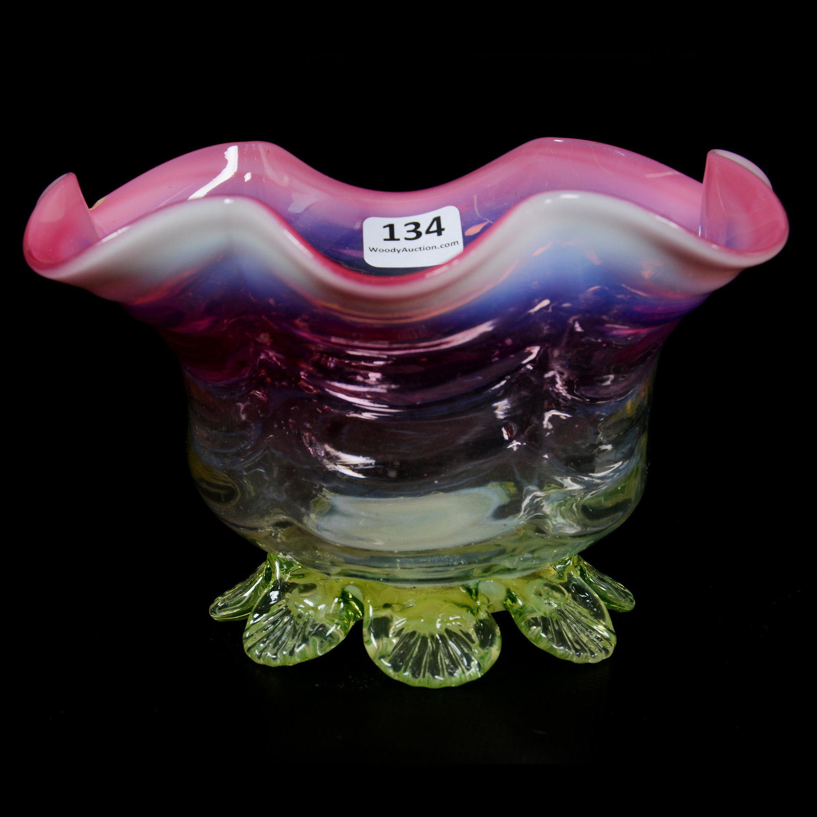 Footed Bowl, Pink Opalescent Drape Pattern: Footed Bowl, Pink Opalescent Drape Pattern, 4” x 6.5", Vaseline Applied Petal Feet, Rim Chip Repair, John Lolley Estate. Mr. Lolley Regularly Marked Items In His Collection With A Museum Quality Pen