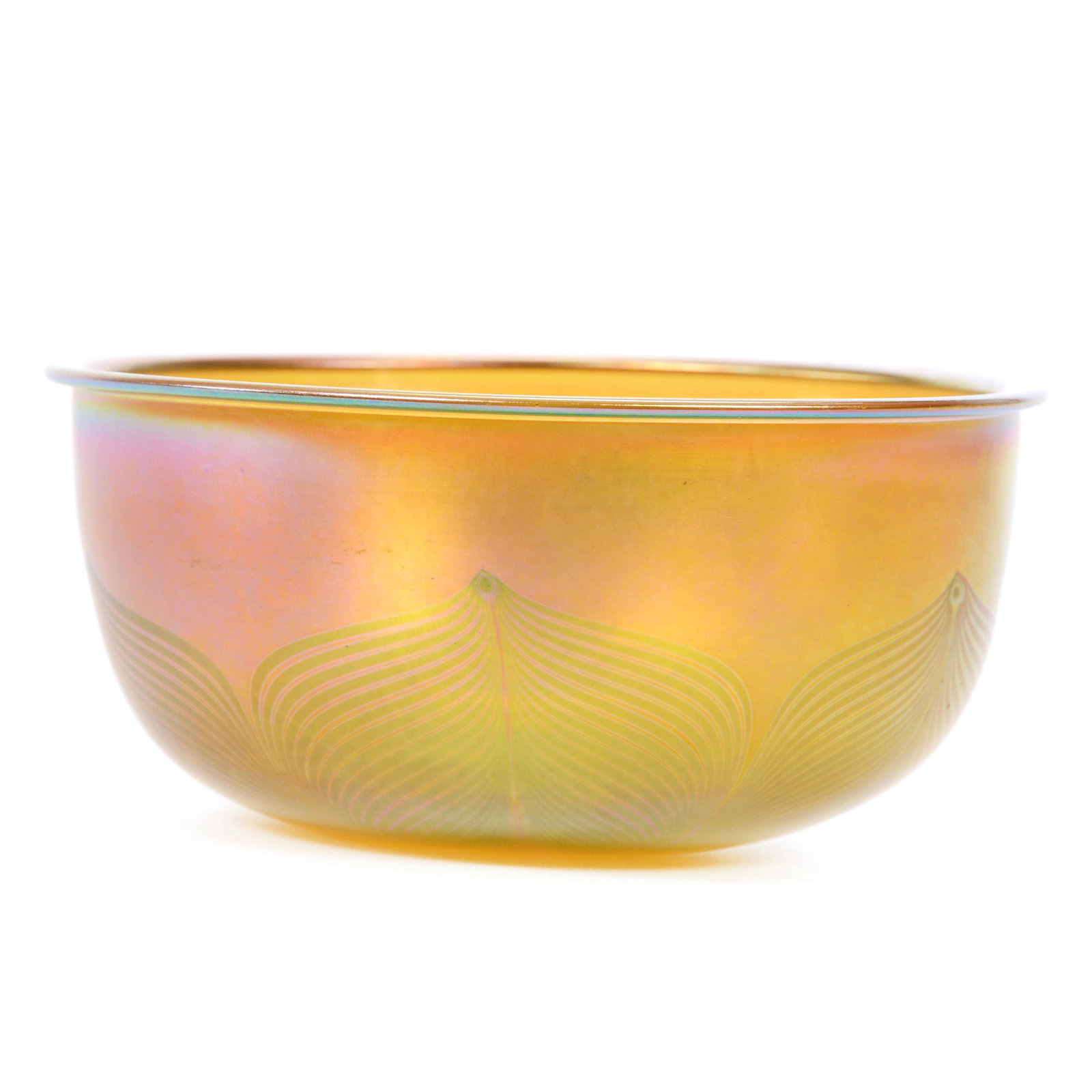 Lighting Globe Signed Quezal Art Glass: Lighting Globe Signed Quezal Art Glass, 3" x 6", Gold Iridescent With Green Pulled Feather Design, First Piece Of Quezal Woody Auction Has Sold Which Has An Authentic Signature On Rim, John Lolley Est