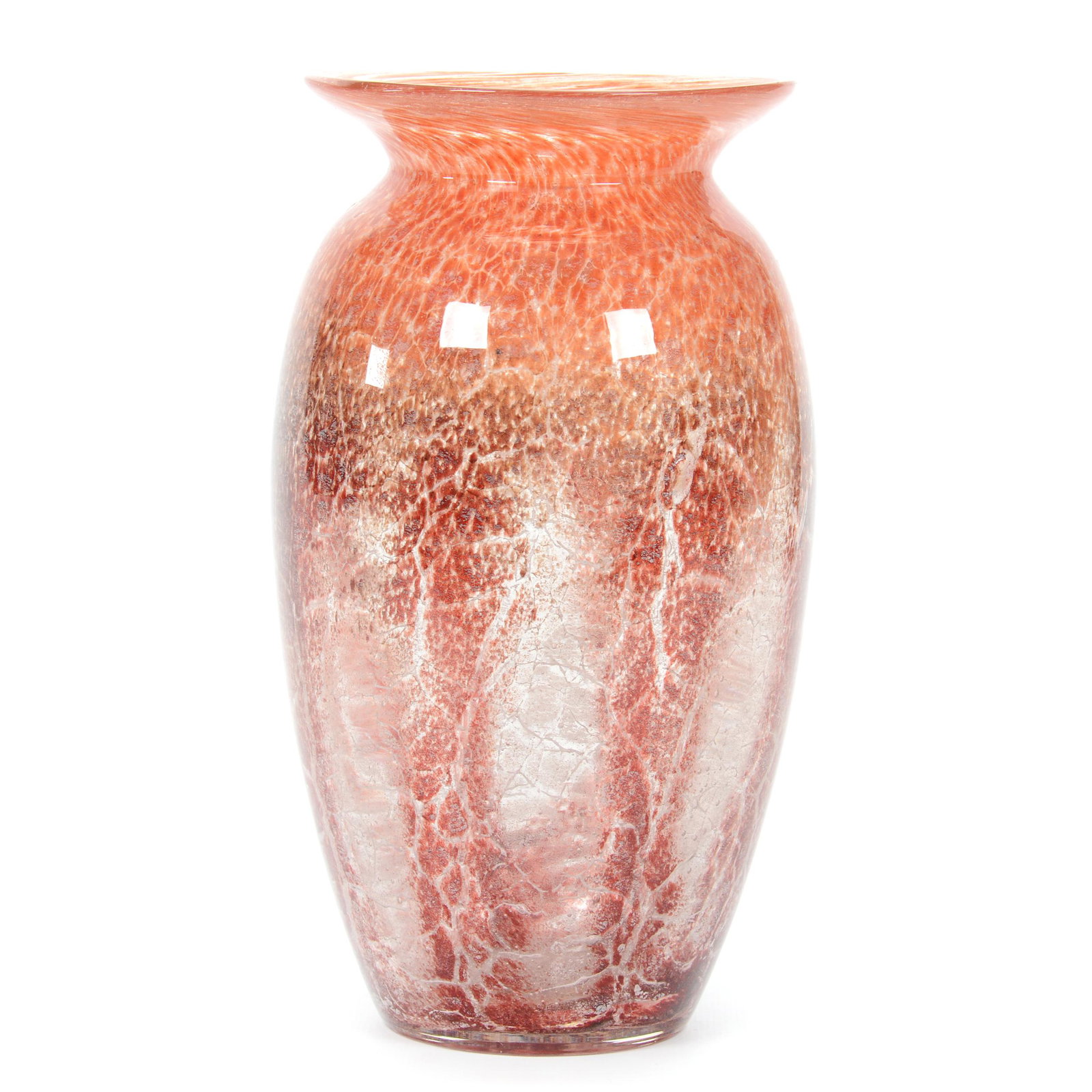 Vase, Unmarked Ysart Style Art Glass, WMF: Vase, Unmarked Ysart Style Art Glass, Attributed to WMF, 9.5” x 5", Orange, Maroon And White Mottled Background, Polished Pontil Base, John Lolley Estate. Mr. Lolley Regularly Marked Items In His Co
