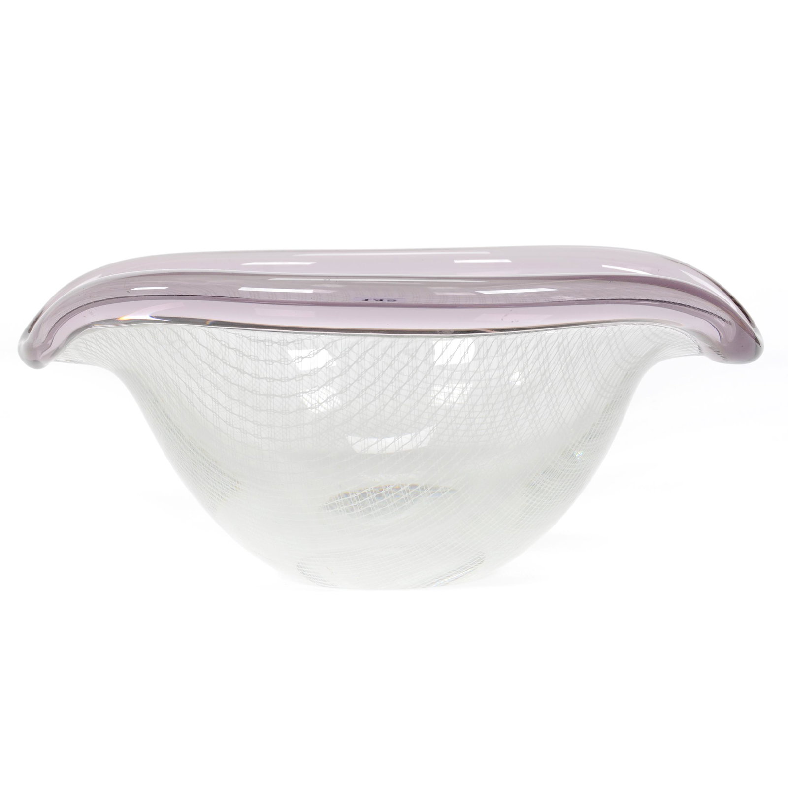Oval Bowl, Contemporary Art Glass: Oval Bowl, Contemporary Art Glass, 4.75” x 11", No Visible Maker's Mark, Clear With Latticino Netting Design, Amethyst Applied Rim, Nice Quality, John Lolley Estate. Mr. Lolley Regularly Marked Item