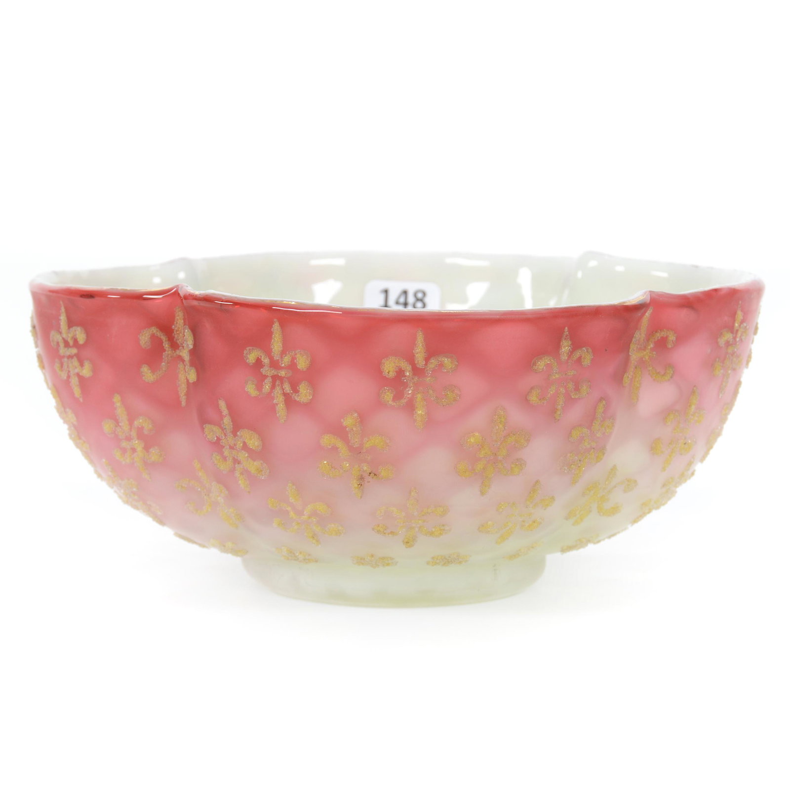 Brides Bowl, Diamond Quilted MOP Satin Art Glass: Brides Bowl, Diamond Quilted Mother Of Pearl Satin Art Glass, 3.5” x 7", Pink Shading To White/Green, Square Form, Yellow Coralene Fleur-De-Lys Decor, Base Diameter Of 3.25", John Lolley Estate. Mr.