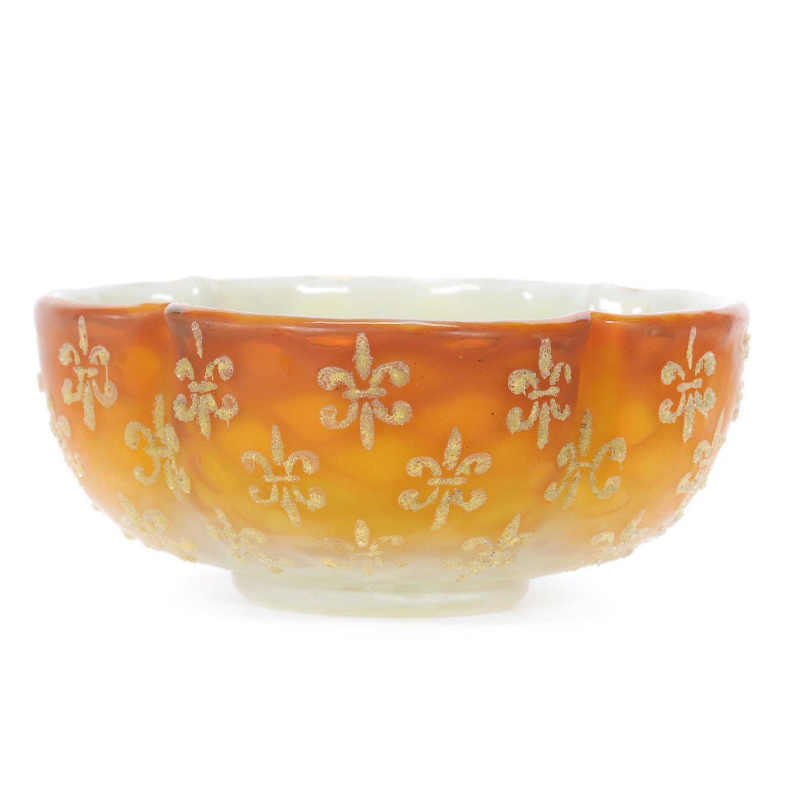 Brides Bowl, Diamond Quilted MOP Satin Art Glass: Brides Bowl, Diamond Quilted Mother Of Pearl Satin Art Glass, 2.75” x 5.5", Apricot Shading To White/Green, Square Form, Yellow Coralene Fleur-De-Lys Decor, Base Diameter Of 2.5", John Lolley Estate