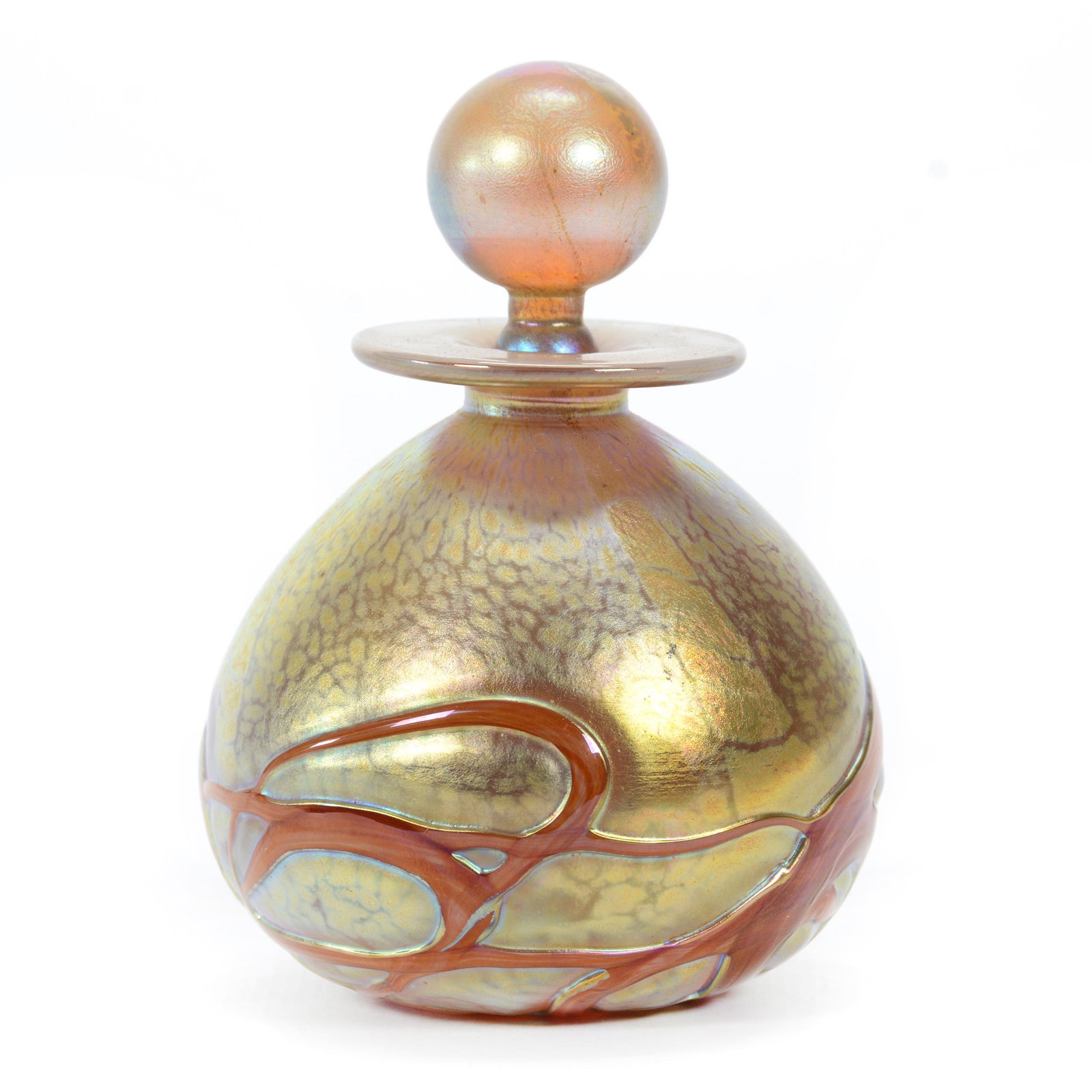 Perfume Bottle, Contemporary Art Glass: Perfume Bottle, Contemporary Art Glass, 3.75” x 2.75", No Visible Maker's Mark, Gold Iridescent Oil Spot Background With Brown Veining Highlights, John Lolley Estate. Mr. Lolley Regularly Marked Ite