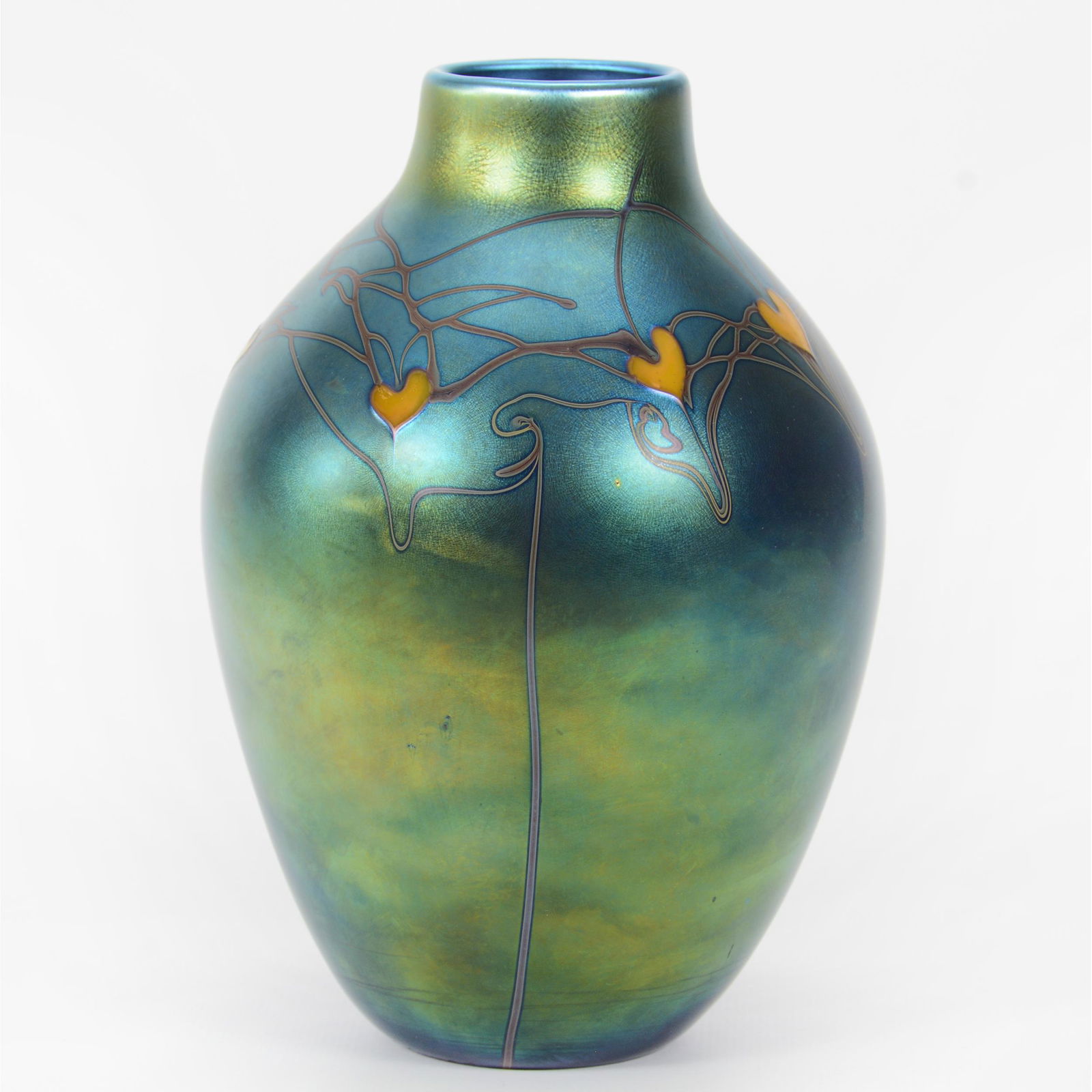 Vase, Contemporary Art Glass Signed Orient & Flume: Vase, Contemporary Art Glass Signed Orient & Flume, 7” x 4.5", Dated 1975, Marked Also "N40", Iridescent Blue Background With Yellow Heart And Vine Decor, John Lolley Estate. Mr. Lolley Regularly Ma