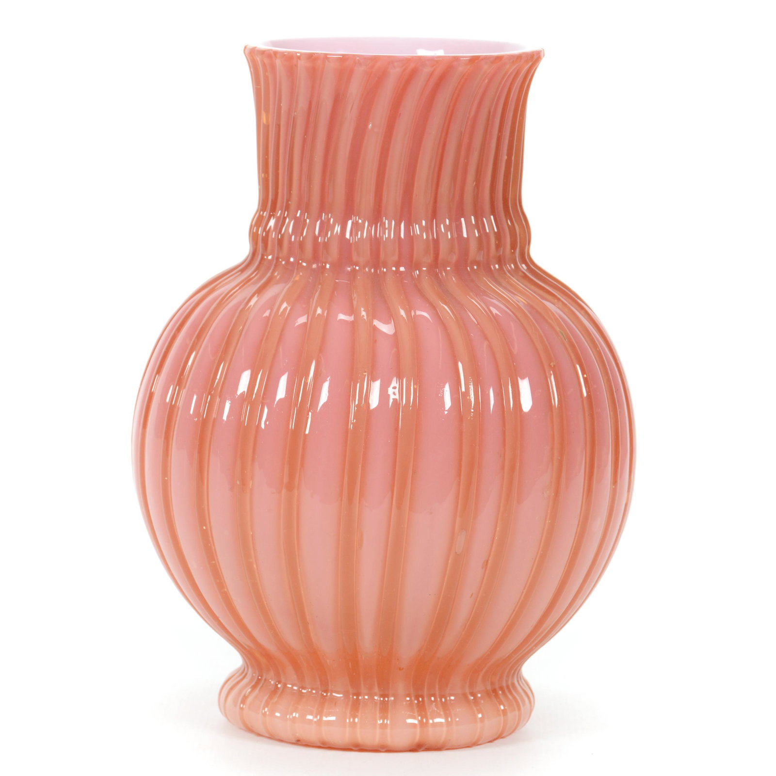 Vase, Cut Velvet Cased Art Glass: Vase, Cut Velvet Cased Art Glass, 6.5” x 4.5", Ribbed Design, Pink And Peach Tones, John Lolley Estate. Mr. Lolley Regularly Marked Items In His Collection With A Museum Quality Pen - These Markings