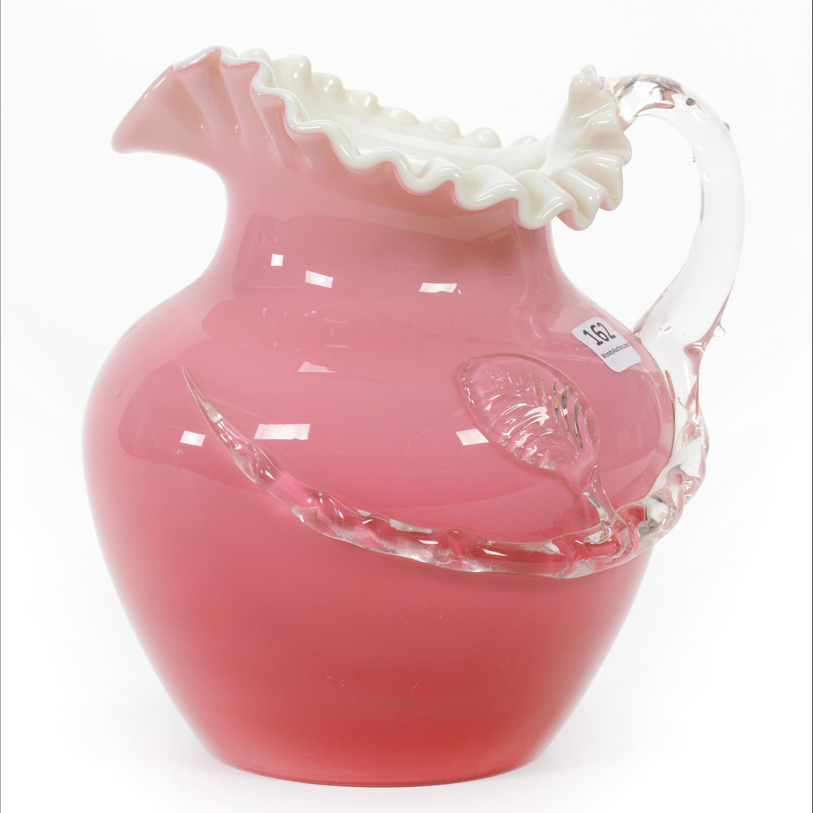 Water Pitcher, Cased Peachblow Art Glass: Water Pitcher, Cased Peachblow Art Glass, 8", White Interior, Clear Applied Branch Handle, John Lolley Estate. Mr. Lolley Regularly Marked Items In His Collection With A Museum Quality Pen - These Mar