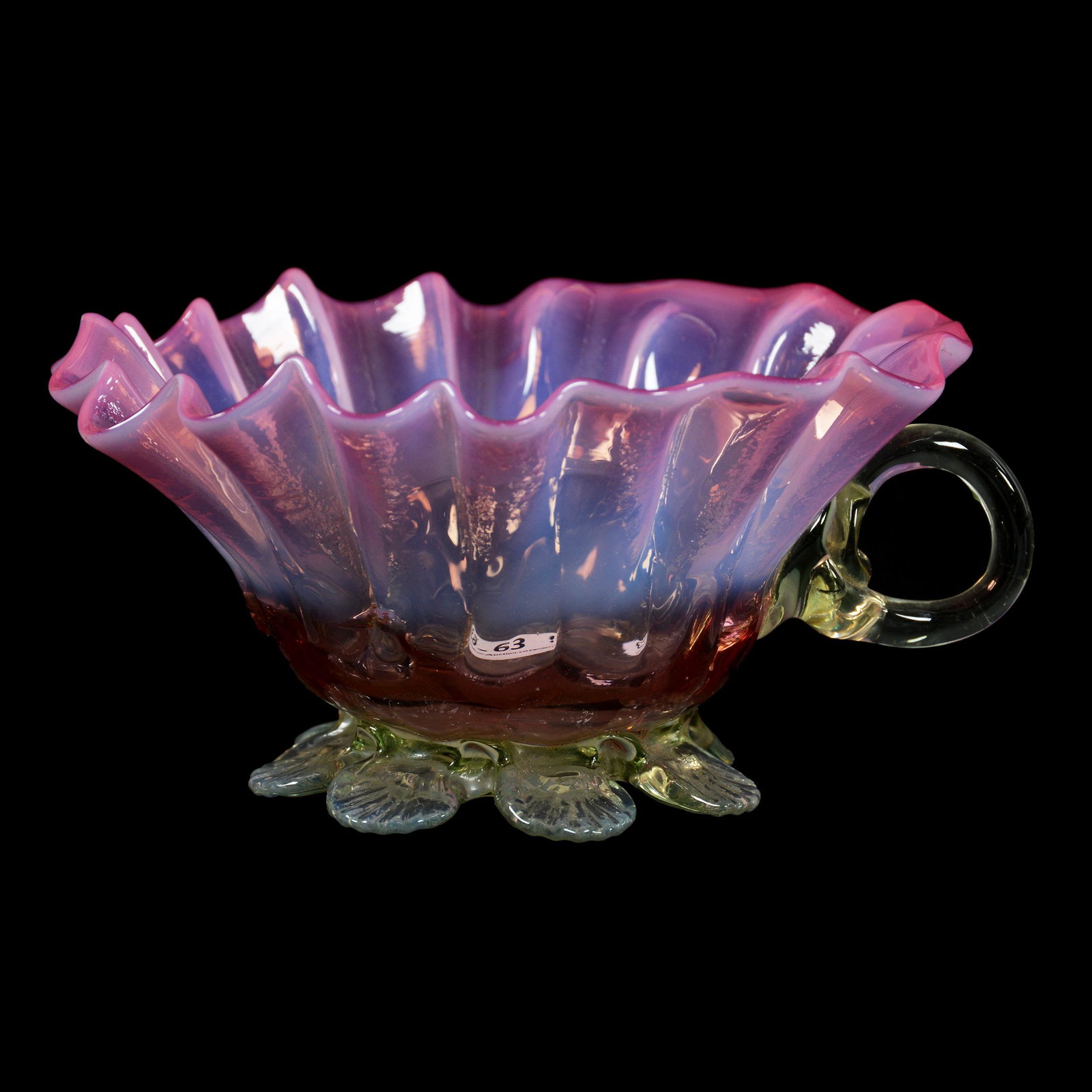 Handled Dish, Cranberry Opalescent Art Glass: Handled Dish, Cranberry Opalescent Art Glass, 2.75” x 6", Applied Vaseline Handle And Petal Feet, John Lolley Estate. Mr. Lolley Regularly Marked Items In His Collection With A Museum Quality Pen -