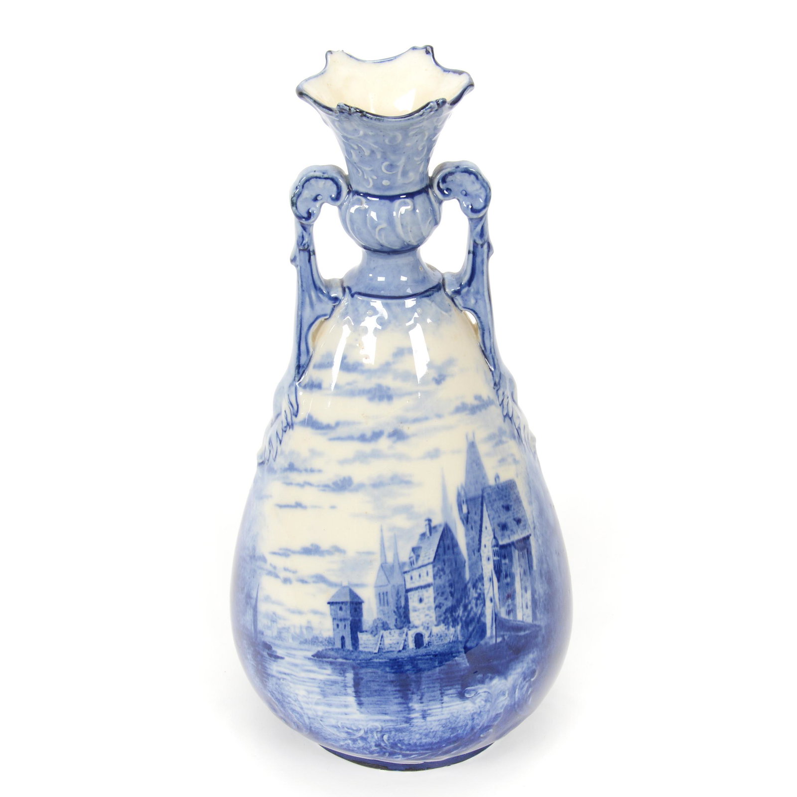 Vase, Porcelain Signed Delph: Vase, Porcelain Signed Delph, 11.25” x 5.5", Beautiful Cobalt Blue And White With Castle Scenic Decor, One Small Rim Nick, Nice Quality, John Lolley Estate. Mr. Lolley Regularly Marked Items In His