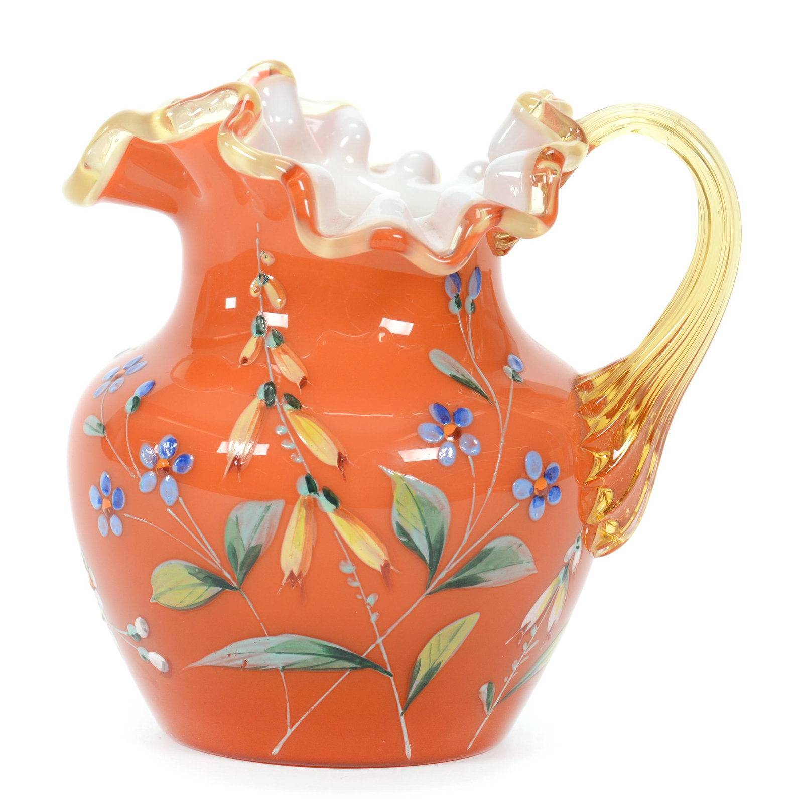 Pitcher, Cased Art Glass, Decorated: Pitcher, Cased Art Glass, Decorated, 4” x 4", Orange Exterior, White Interior, Colorful Enamel Floral Decor, Applied Amber Ribbed Handle, Polished Pontil Base, John Lolley Estate. Mr. Lolley Regular