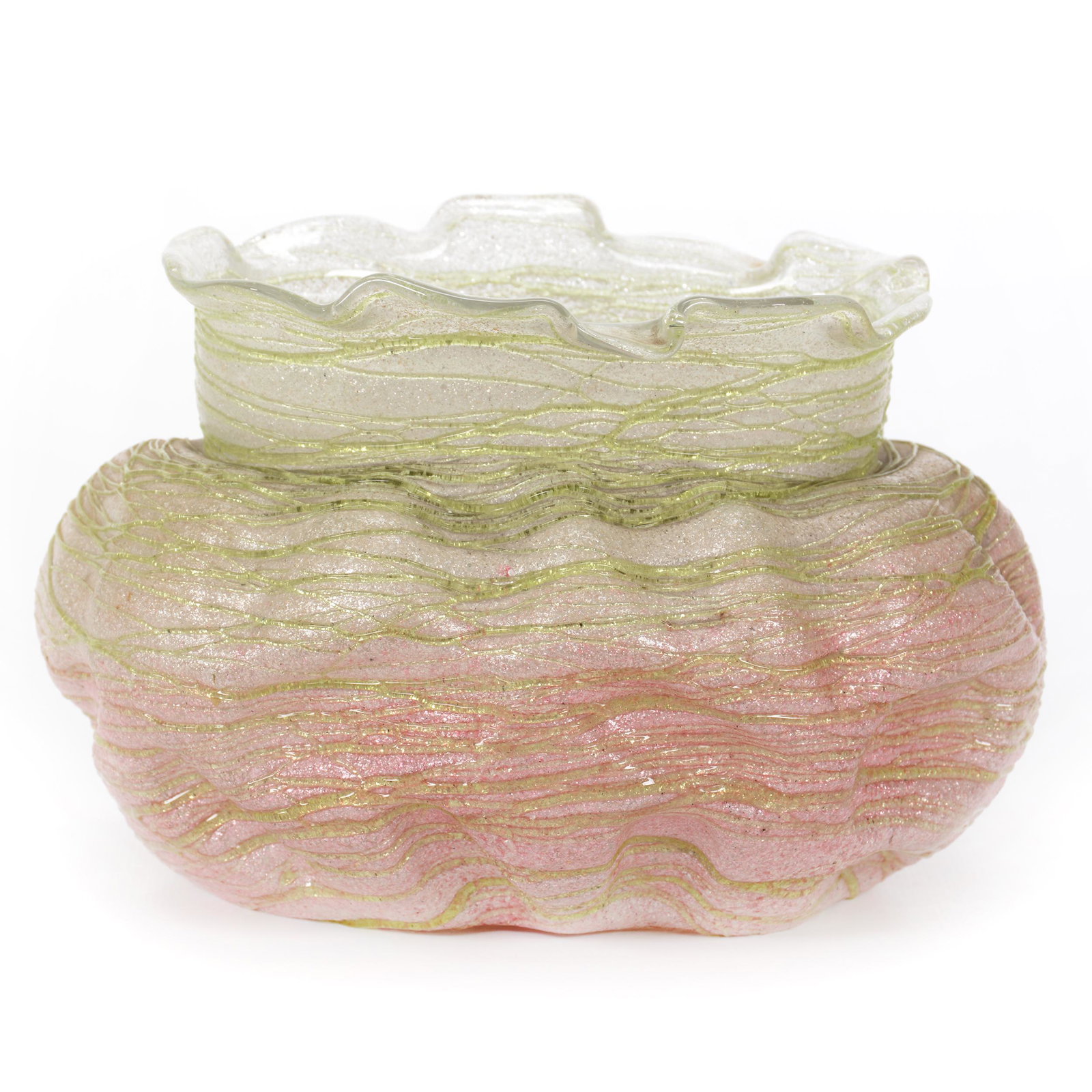 Oval Bowl, Kralik Silveria Art Glass: Oval Bowl, Kralik Silveria Art Glass, 5” x 7.5", Unique Textured Bag Form, Ruffled Rim, Nice Colors, John Lolley Estate. Mr. Lolley Regularly Marked Items In His Collection With A Museum Quality Pen