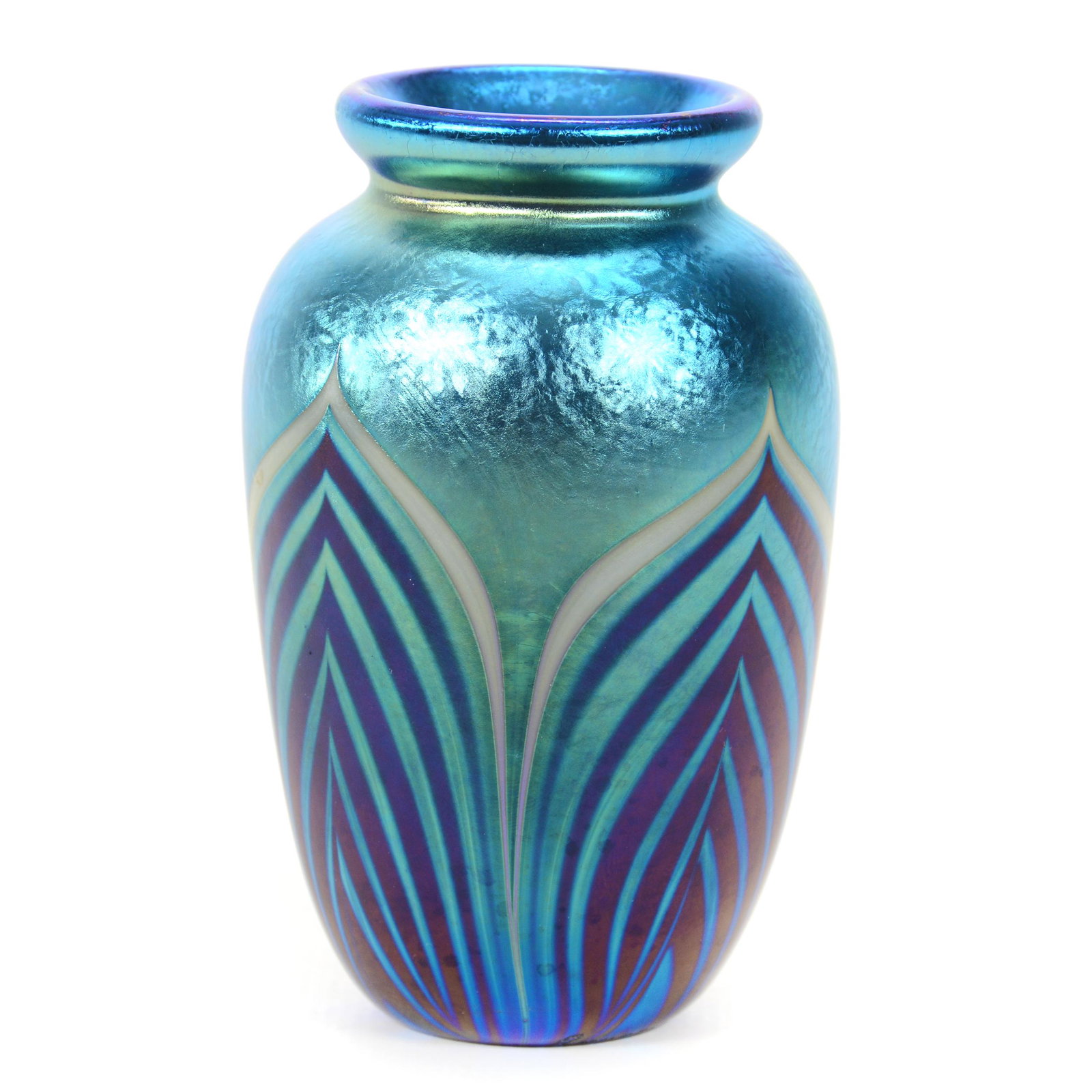 Vase, Contemporary Art Glass Signed Richardson: Vase, Contemporary Art Glass Signed Richardson, 3.75” x 2.25", Dated 1988, Blue Iridescent With Pulled Feather Design, Nice Quality, John Lolley Estate. Mr. Lolley Regularly Marked Items In His Coll