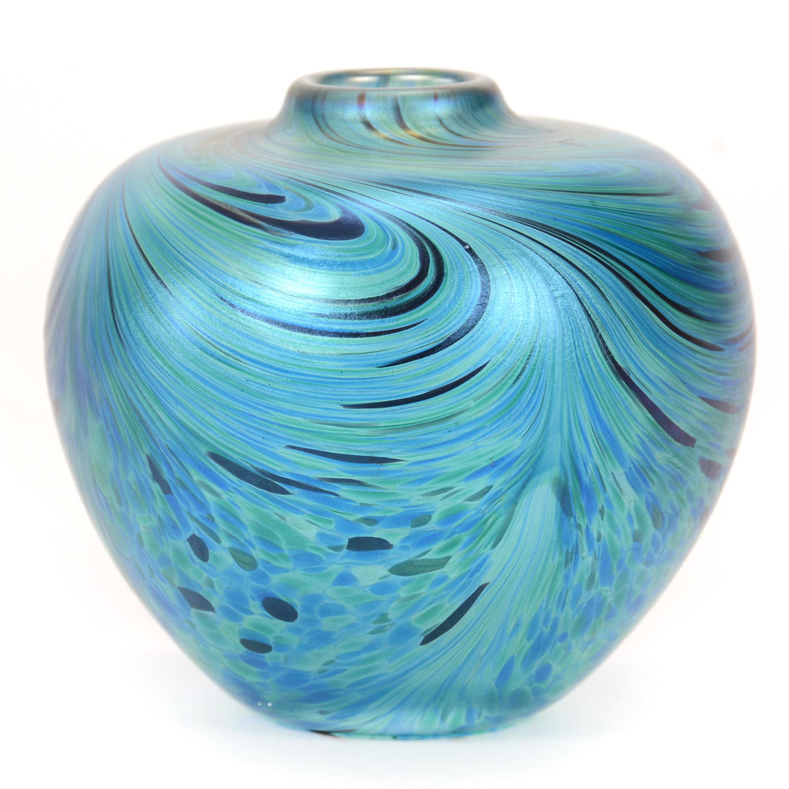 Vase, Contemporary Art Glass: Vase, Contemporary Art Glass, 3.5” x 3.5", Unmarked, Blue Iridescent With Green And Blue Mottled And Swirled Design, No Visible Maker's Mark, Nice Quality, John Lolley Estate. Mr. Lolley Regularly M
