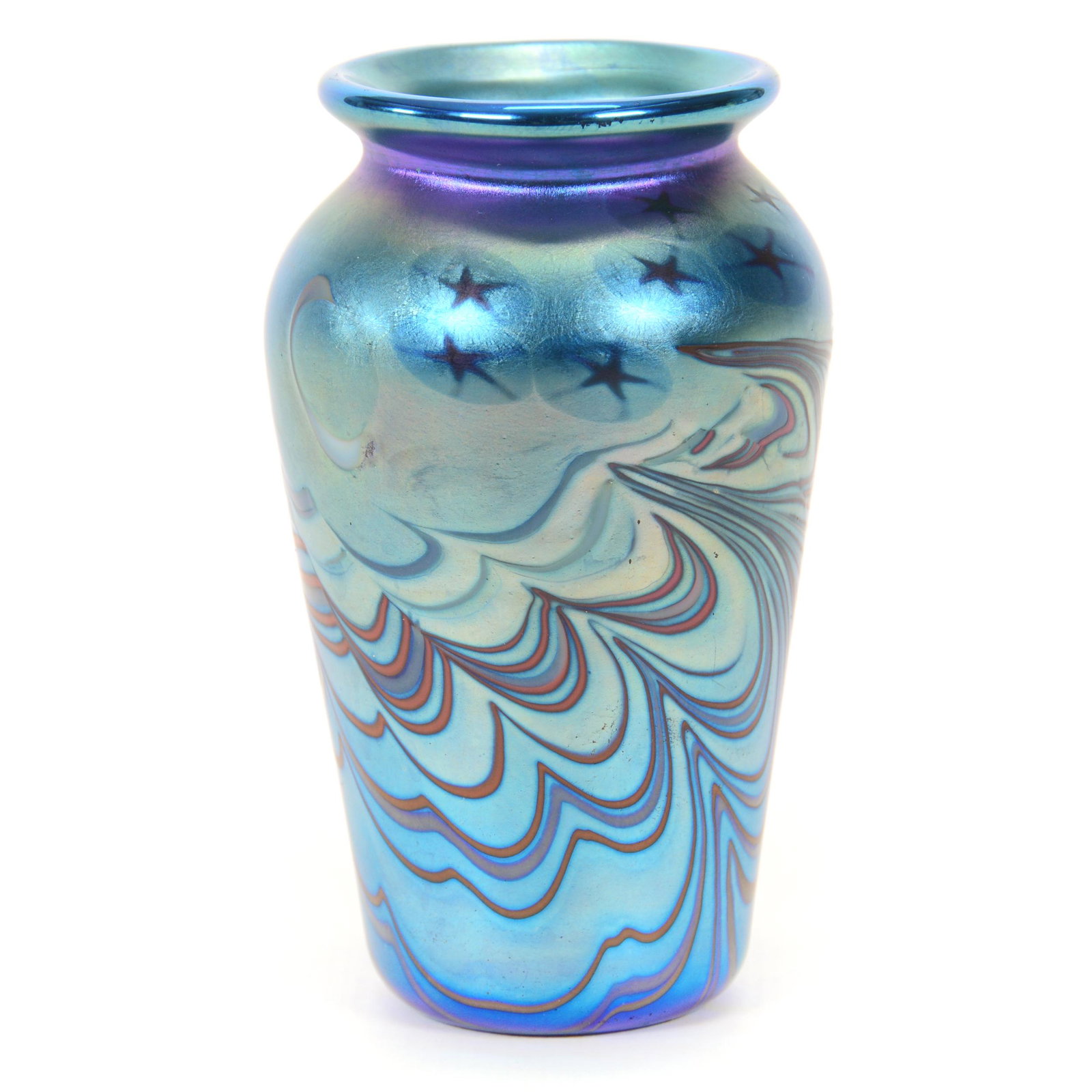 Vase, Contemporary Art Glass: Vase, Contemporary Art Glass, 3.5” x 2", Blue Iridescent With Star And Moon Design With Wave Effect, No Maker's Mark Visible, Nice Quality, John Lolley Estate. Mr. Lolley Regularly Marked Items In H