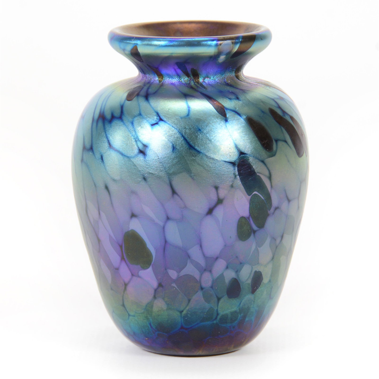 Vase, Contemporary Art Glass Signed Allison: Vase, Contemporary Art Glass Signed Allison, 3” x 2", Blue Iridescent With Silver Oil Spot Design, John Lolley Estate. Mr. Lolley Regularly Marked Items In His Collection With A Museum Quality Pen -
