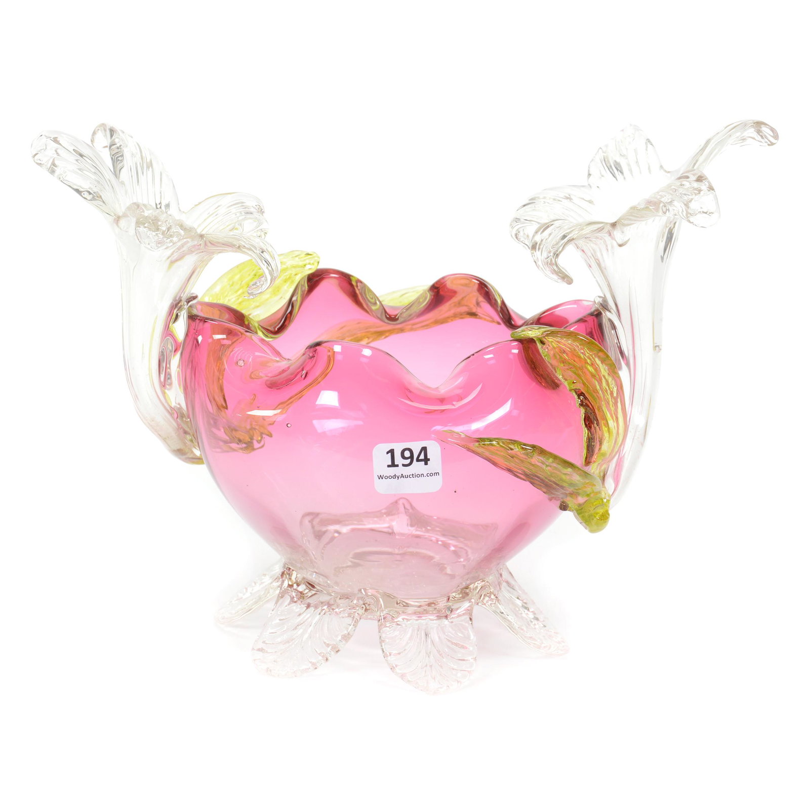 Novelty Bowl, Rubina Art Glass, Figural: Novelty Bowl, Rubina Art Glass, Figural, 7.5” x 10", Clear Figural Attached Lily Blooms, Green Leaves, Polished Pontil Base, John Lolley Estate. Mr. Lolley Regularly Marked Items In His Collection W