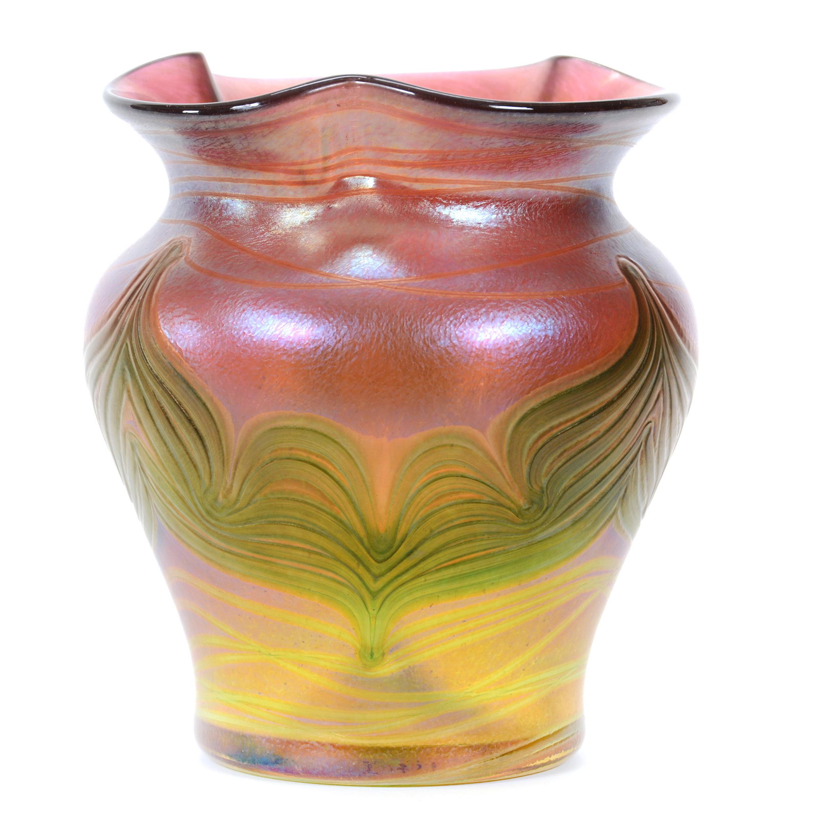 Vase, Contemporary Art Glass: Vase, Contemporary Art Glass, 5.5” x 4.75", Gold Iridescent With Green Pulled Feather Design, Paper Label "Czech Republic", Engraved Mark On Base, Appears To Be Dated 2001, John Lolley Estate. Mr. L