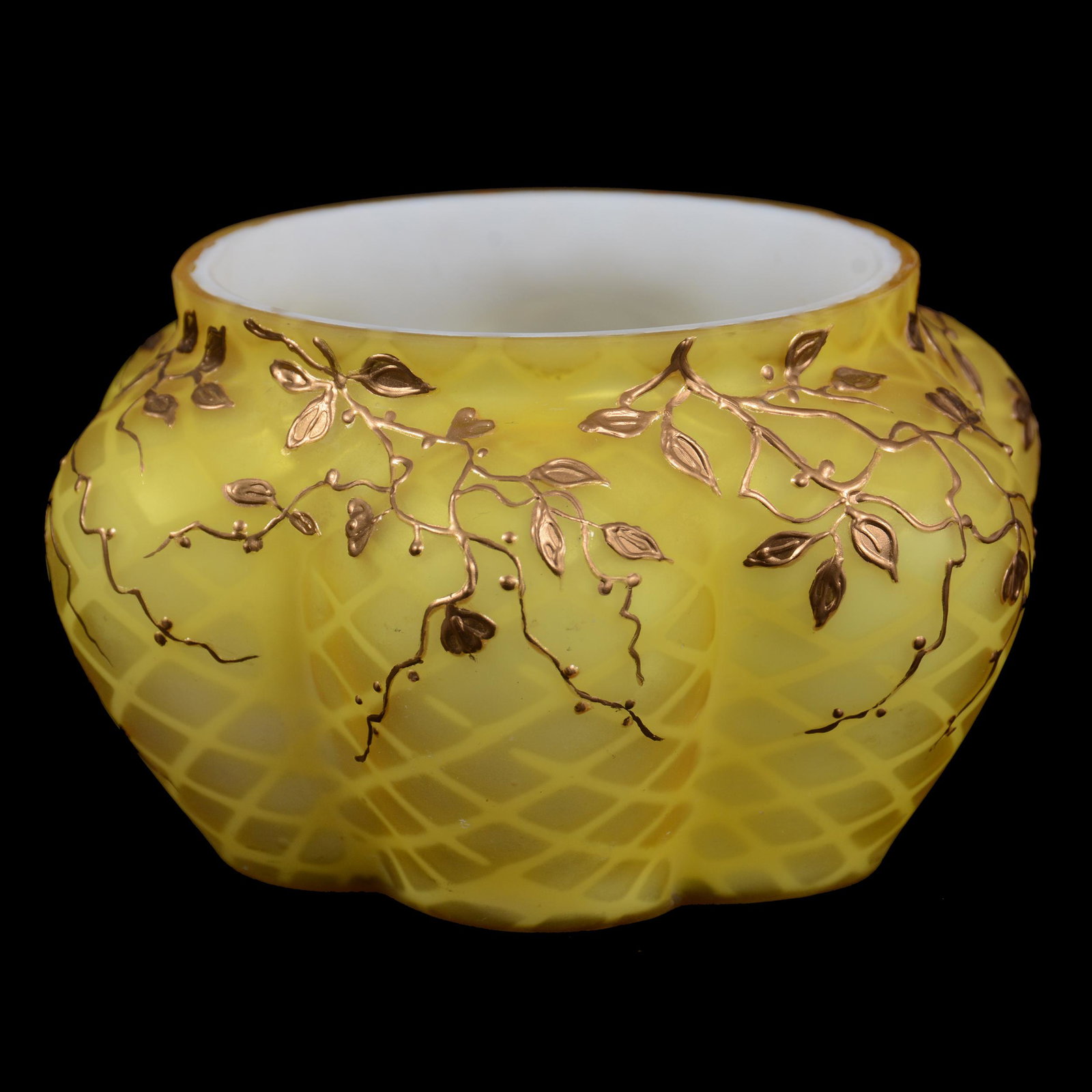 Bowl, Yellow Satin Diamond Quilted MOP Art Glass: Bowl, Yellow Satin Diamond Quilted Mother Of Pearl Art Glass, 3” x 5", Gold Enamel Branch, Blossom And Insect Decor, Attributed To Webb, John Lolley Estate. Mr. Lolley Regularly Marked Items In His