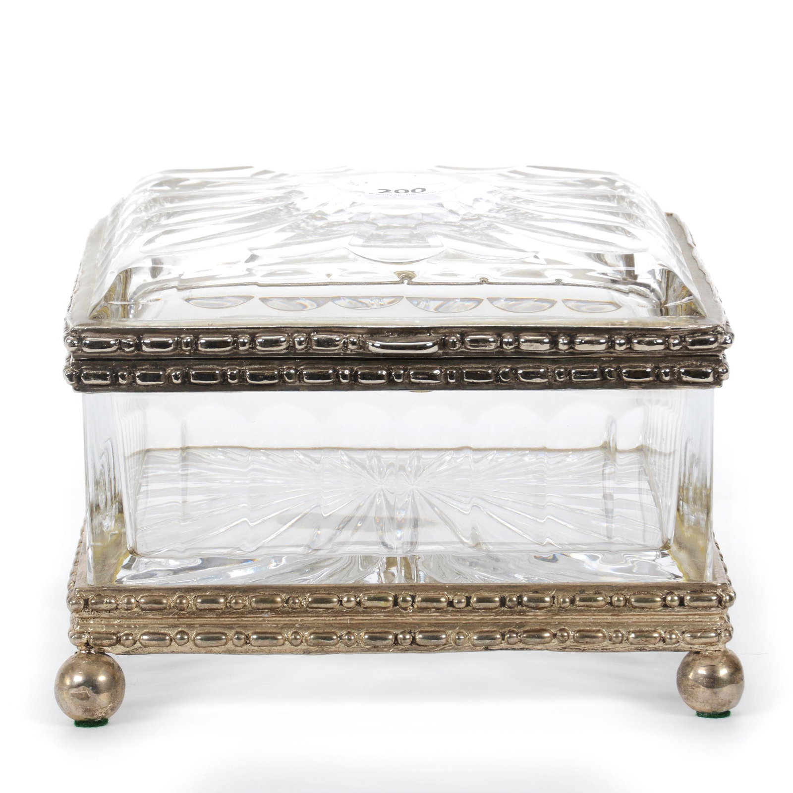 Jewel Box, Heavy Clear Crystal, Silverplate Fittings: Jewel Box, Heavy Clear Crystal, Silverplate Fittings, 5.5” x 7.5", Panel And Ray Cut Design, Silverplate Fittings, No Visible Markings, Very Heavy, John Lolley Estate. Mr. Lolley Regularly Marked It