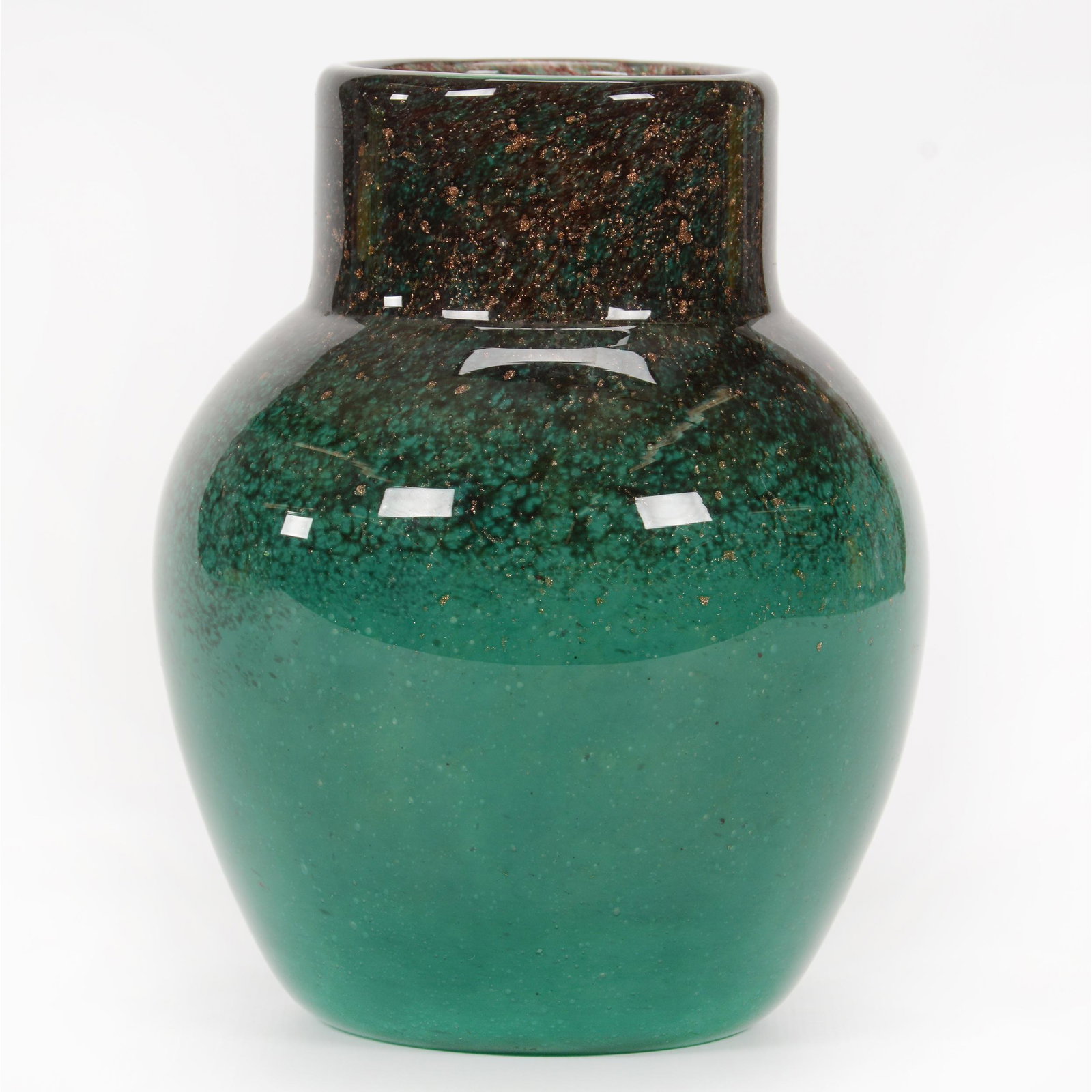 Vase, Monart Art Glass, Circa 1930's: Vase, Monart Art Glass, Circa 1930's, 5.75” x 4.5", Green And Black With Gold Mica Highlights, Original Paper Label, John Lolley Estate. Mr. Lolley Regularly Marked Items In His Collection With A Mu