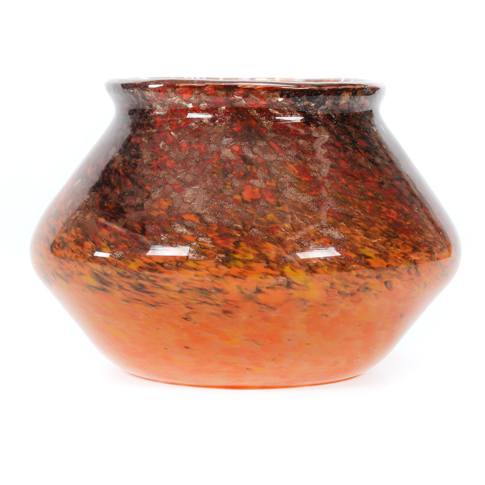 Vase, Unmarked Monart Art Glass: Vase, Unmarked Monart Art Glass, 5” x 7", Orange, Amethyst And Red Mottled With Gold Mica Highlights, John Lolley Estate. Mr. Lolley Regularly Marked Items In His Collection With A Museum Quality Pe