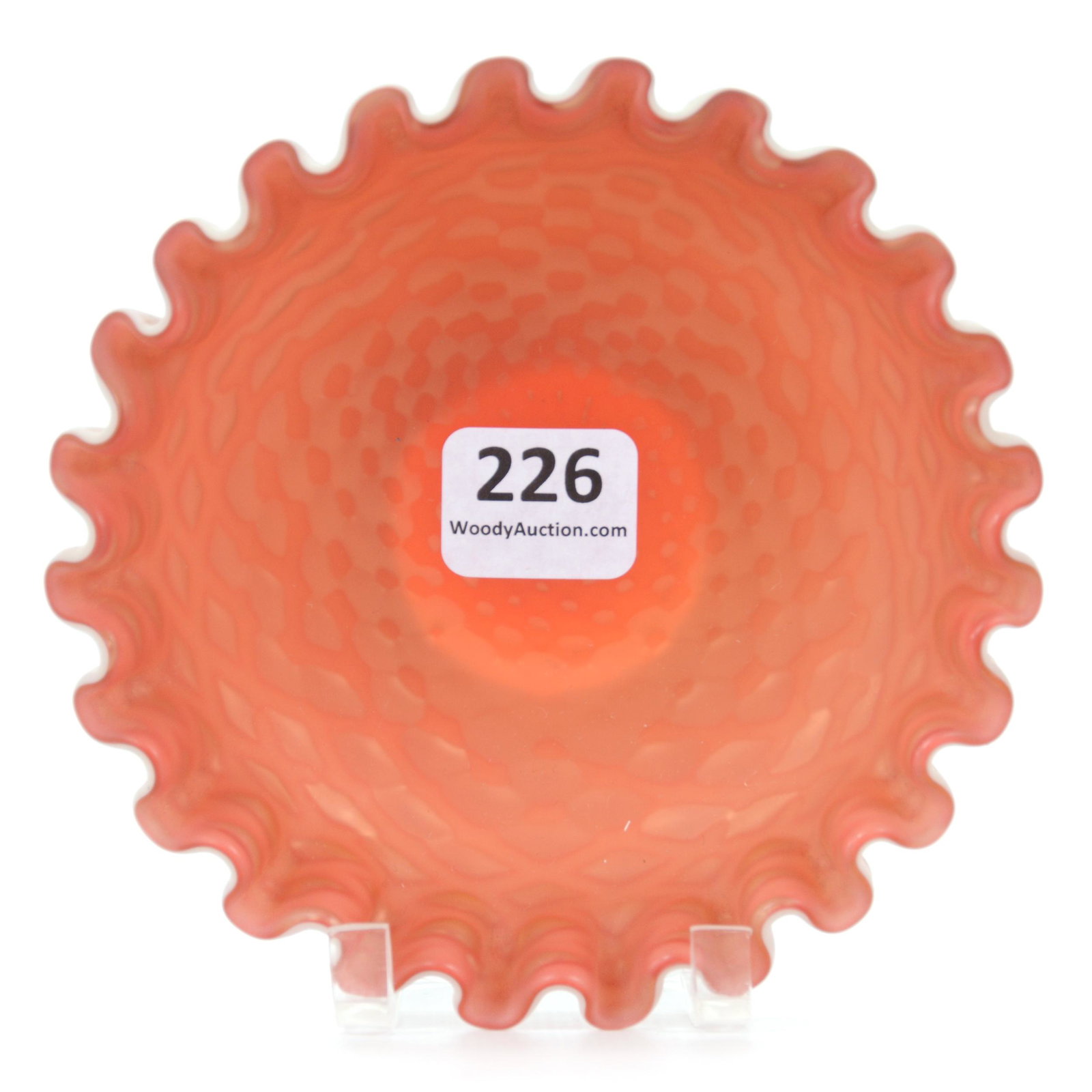 Underplate, Watermelon Satin Art Glass: Underplate, Watermelon Satin Art Glass, 4.5", Diamond Quilted Mother Of Pearl, White Exterior, Ruffled Rim, John Lolley Estate. Mr. Lolley Regularly Marked Items In His Collection With A Museum Qualit