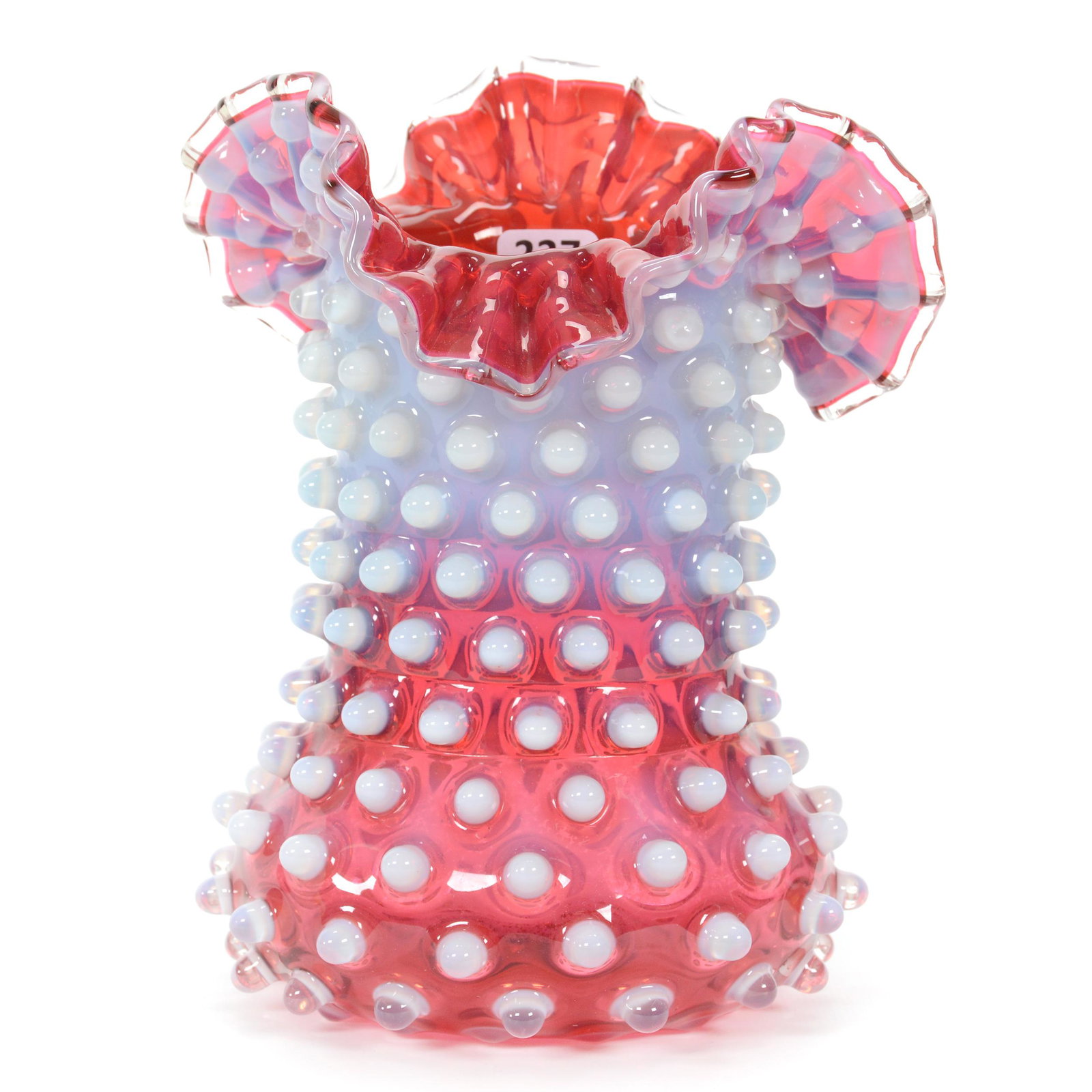 Vase, Cranberry Opalescent Hobnail Art Glass: Vase, Cranberry Opalescent Hobnail Art Glass, 8” x 6", Vase By Hobbs & Brockunier, Excellent Quality, John Lolley Estate. Mr. Lolley Regularly Marked Items In His Collection With A Museum Quality Pe