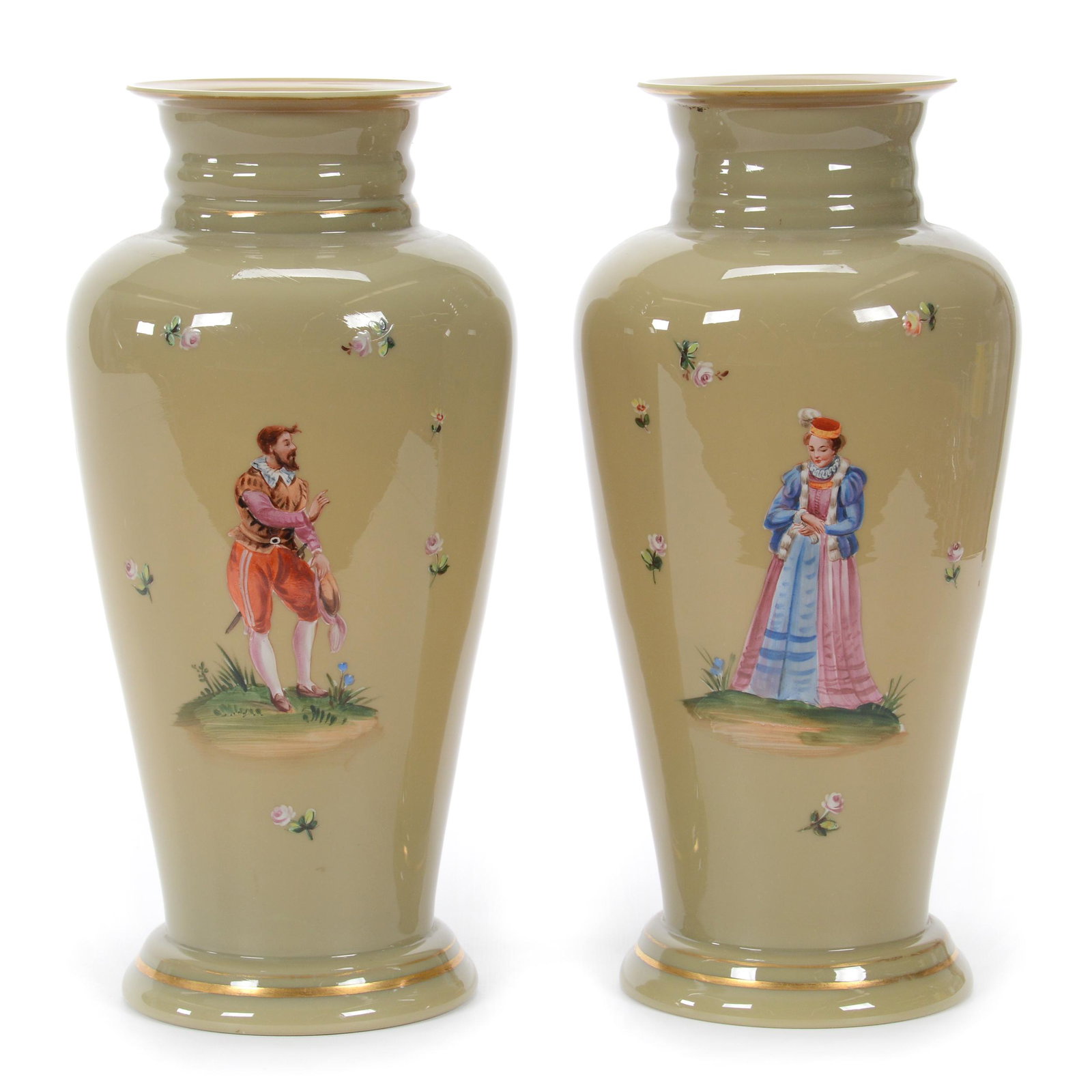Pair Vases, Brown Bristol Art Glass, Decorated: Pair Vases, Brown Bristol Art Glass, Decorated, 11.5” x 5.25", Colorful Enamel Scene Of Cavalier On One, Woman On Other, Nice Pair, John Lolley Estate. Mr. Lolley Regularly Marked Items In His Colle