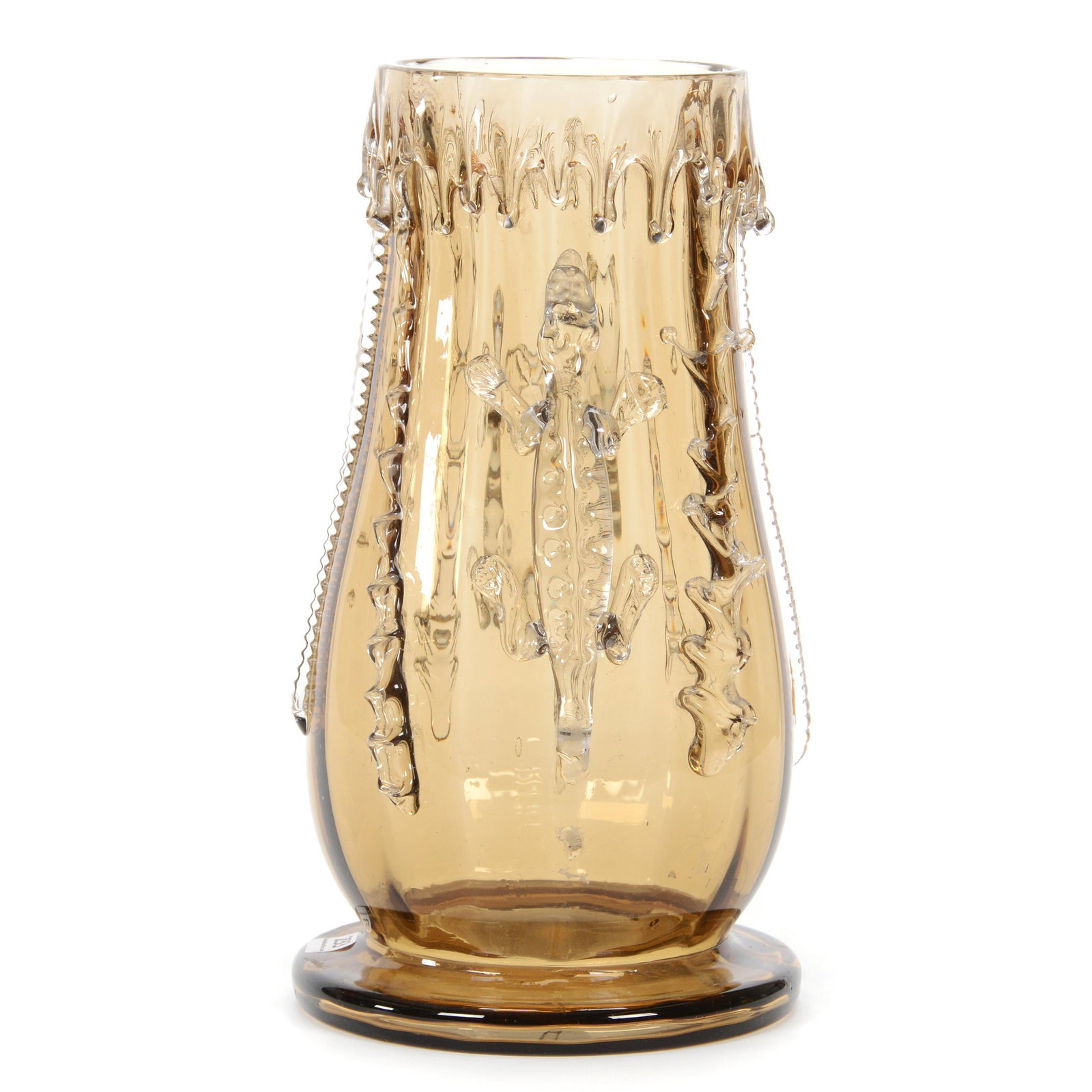 Vase, Unmarked Moser Art Glass: Vase, Unmarked Moser Art Glass, 12.25” x 7", Solid Amber With Clear Applied Drip And Alligator Decor, One Alligator Missing Tail, One Alligator Missing Head, John Lolley Estate. Mr. Lolley Regularly