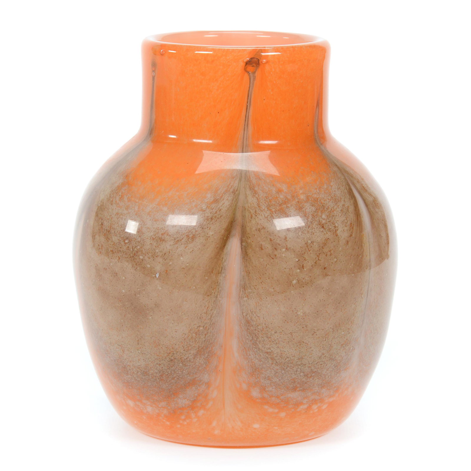 Vase, Unmarked Art Glass, Attributed to Vasart: Vase, Unmarked Art Glass, Attributed to Vasart, 7.5” x 6", Orange, Brown And White Design, Circa 1930's, John Lolley Estate. Mr. Lolley Regularly Marked Items In His Collection With A Museum Quality