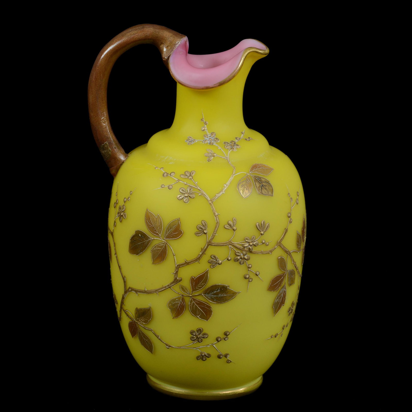 Ewer, Webb Yellow Satin Cased Art Glass: Ewer, Webb Yellow Satin Cased Art Glass, 8.25” x 4.5", Pink Interior, Gold Enamel Branch And Leaf Decor, Serious Handle Repair, Attributed To Webb, John Lolley Estate. Mr. Lolley Regularly Marked It