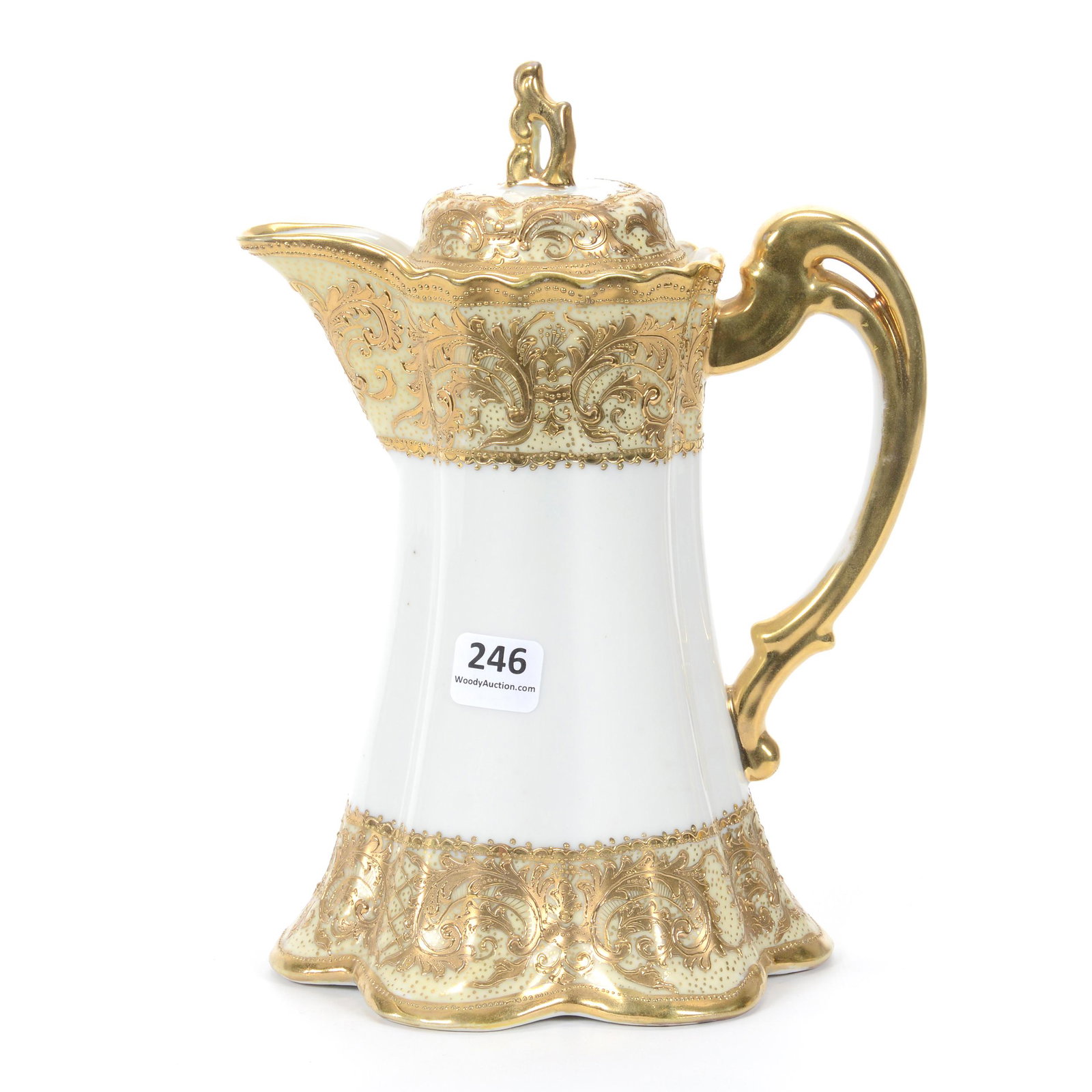 Chocolate Pot Marked Nippon: Chocolate Pot Marked Nippon, 9” x 6.5", White With Yellow Border And Extensive Gold Enamel Trim Highlights, John Lolley Estate. Mr. Lolley Regularly Marked Items In His Collection With A Museum Qual