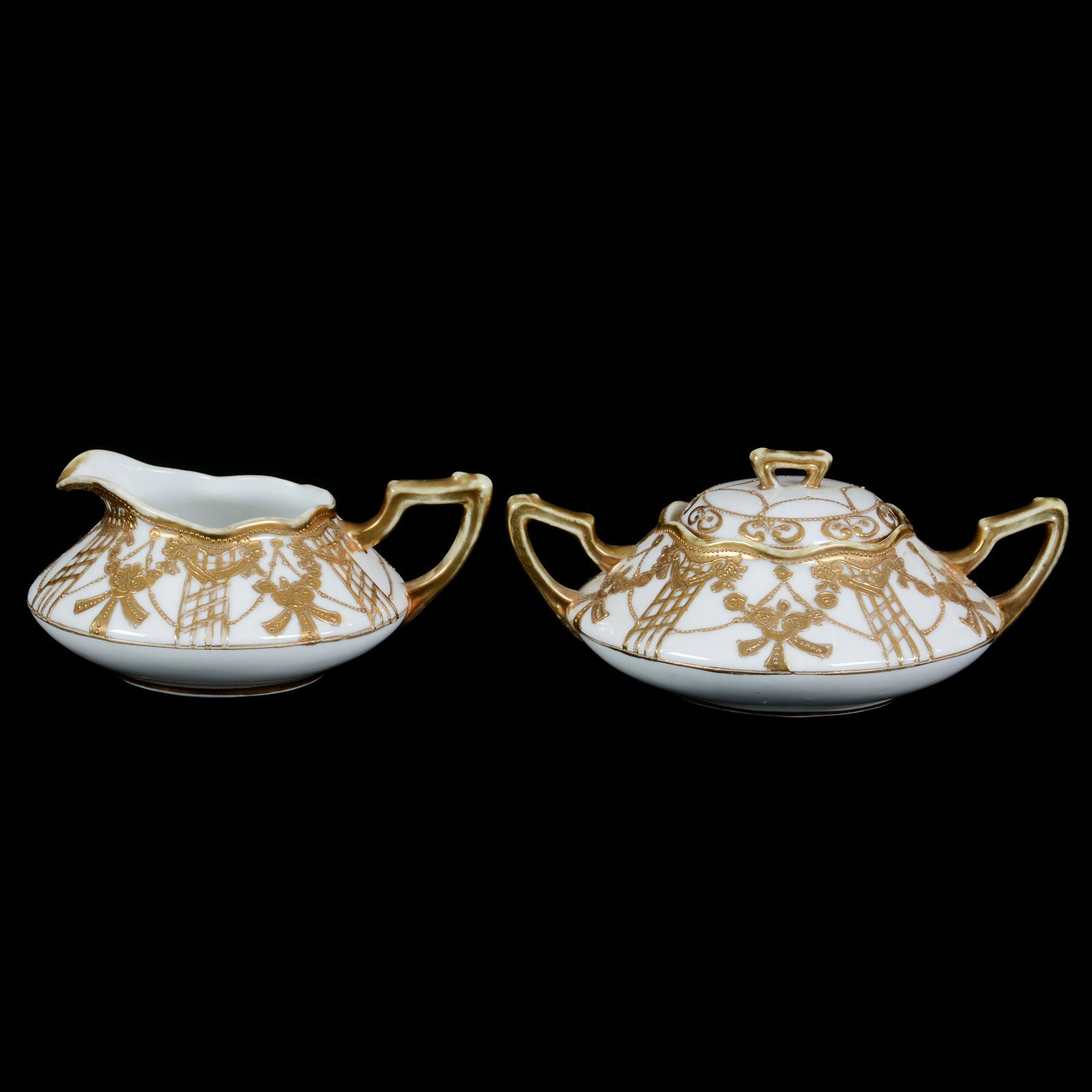Creamer & Sugar Marked Nippon: Creamer & Sugar Marked Nippon, 2.75", White With Heavy Gold Garland Decor, John Lolley Estate. Mr. Lolley Regularly Marked Items In His Collection With A Museum Quality Pen - These Markings Can Be Eas