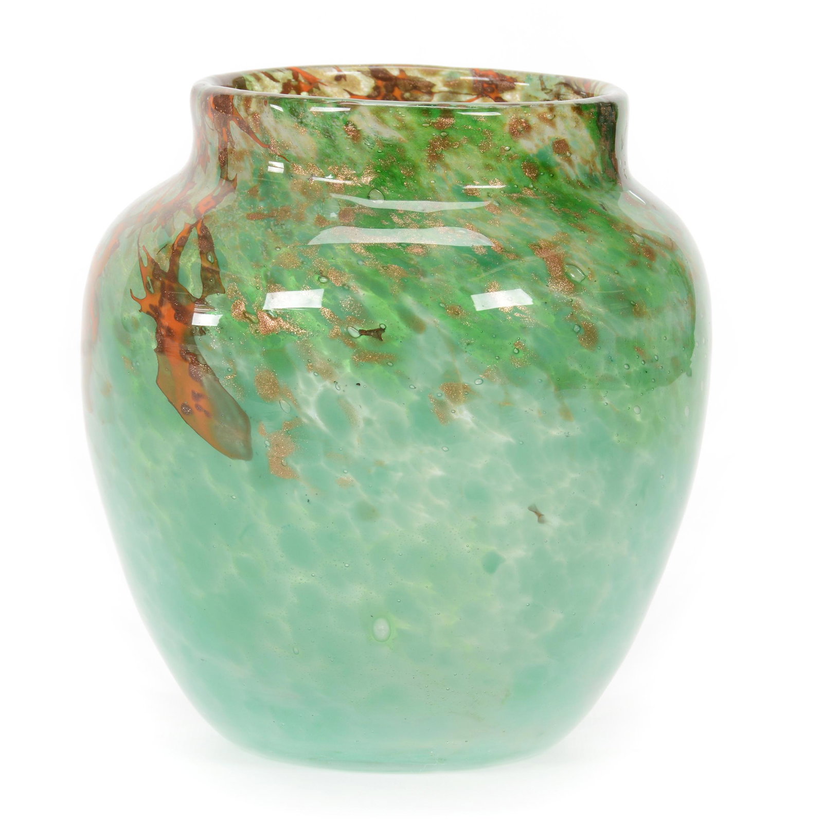 Vase, Unmarked Monart Art Glass: Vase, Unmarked Monart Art Glass, 6.5” x 6", Green And Orange With Gold Mica Design, John Lolley Estate. Mr. Lolley Regularly Marked Items In His Collection With A Museum Quality Pen - These Markings