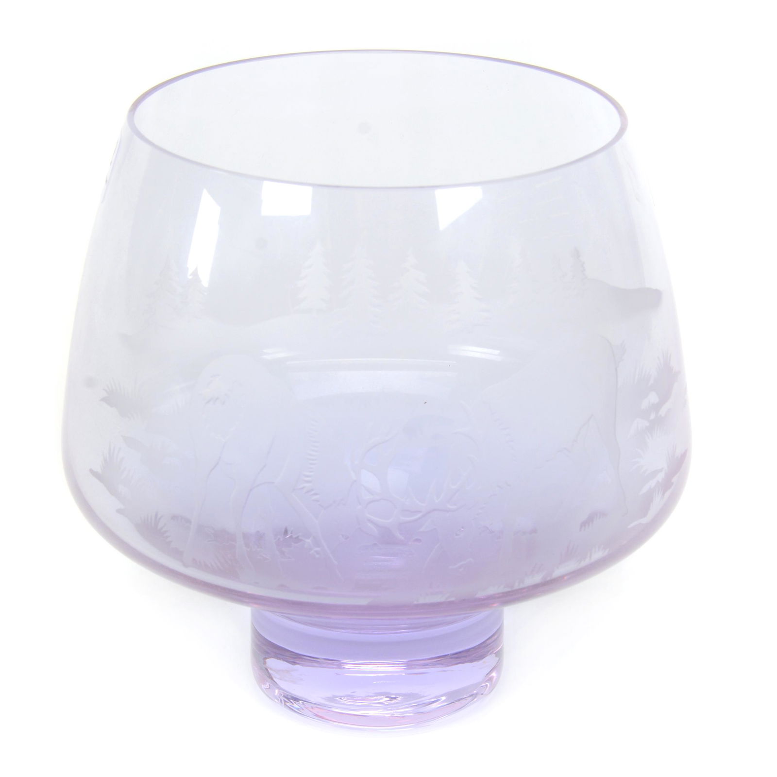 Vase, Contemporary Scottish Alexandrite Art Glass: Vase, Contemporary Scottish Alexandrite Art Glass, 6.25” x 6", Engraved Scene Titled "Wild Encounter" By Caithness, Artist Marked, John Lolley Estate. Mr. Lolley Regularly Marked Items In His Collec