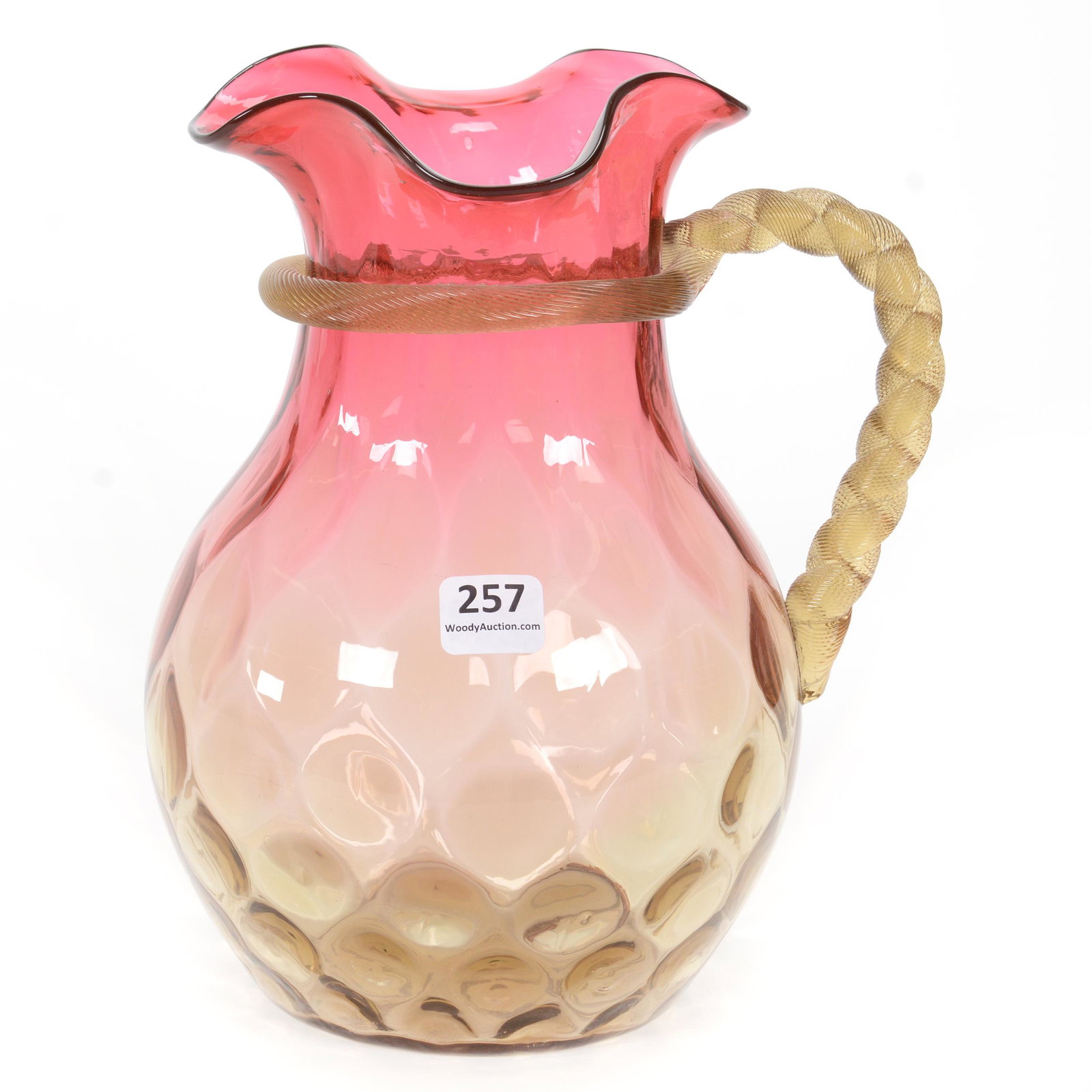 Water Pitcher, Rubina Verde Art Glass: Water Pitcher, Rubina Verde Art Glass, 8.5” x 6.5", Coin Spot With Green Applied Rope Handle, Polished Pontil Base, John Lolley Estate. Mr. Lolley Regularly Marked Items In His Collection With A Mus