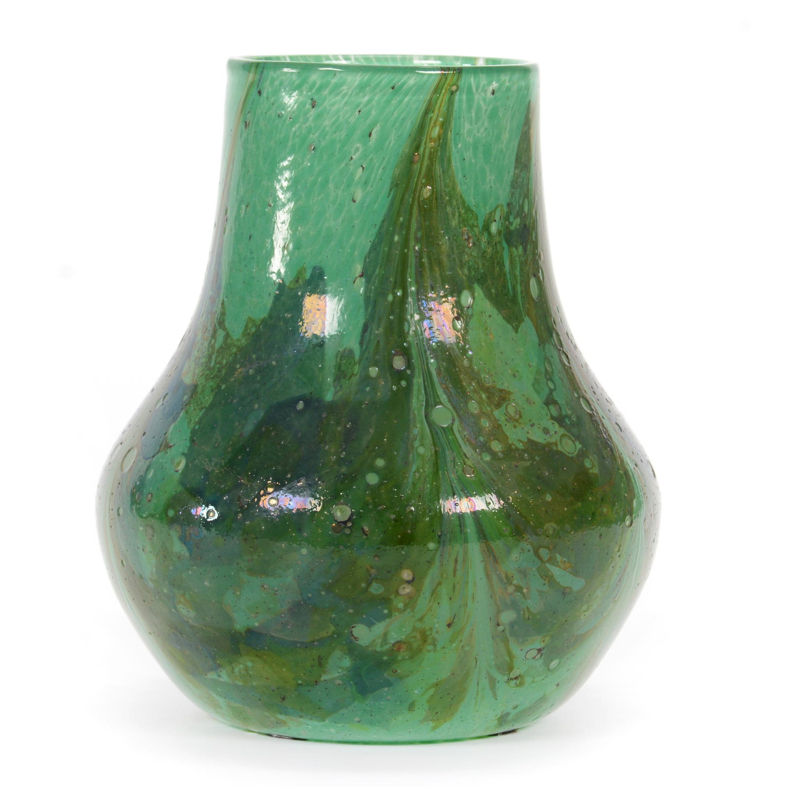 Vase, Unmarked Ysart Style Art Glass, Vasart: Vase, Unmarked Ysart Style Art Glass, Attributed to Vasart, 7.5” x 6.5", Green And Blue Design With Open Bubble Texture, John Lolley Estate. Mr. Lolley Regularly Marked Items In His Collection With